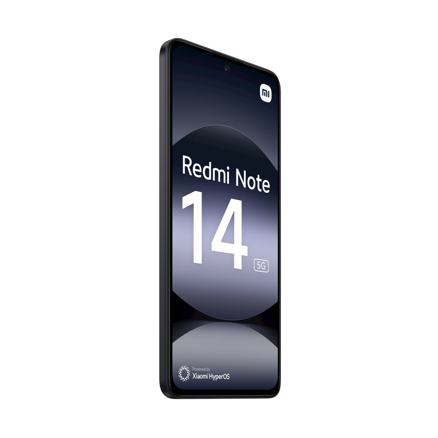 Uno smartphone nero con "Redmi Note 14 5G" visualizzato.