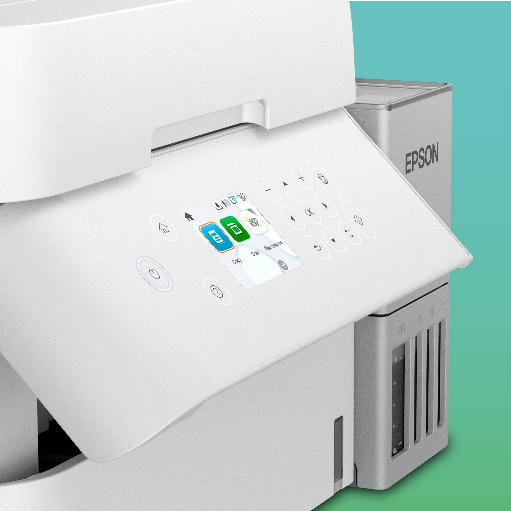 Zbliżenie białej drukarki Epson z kolorowym wyświetlaczem i przyciskami.