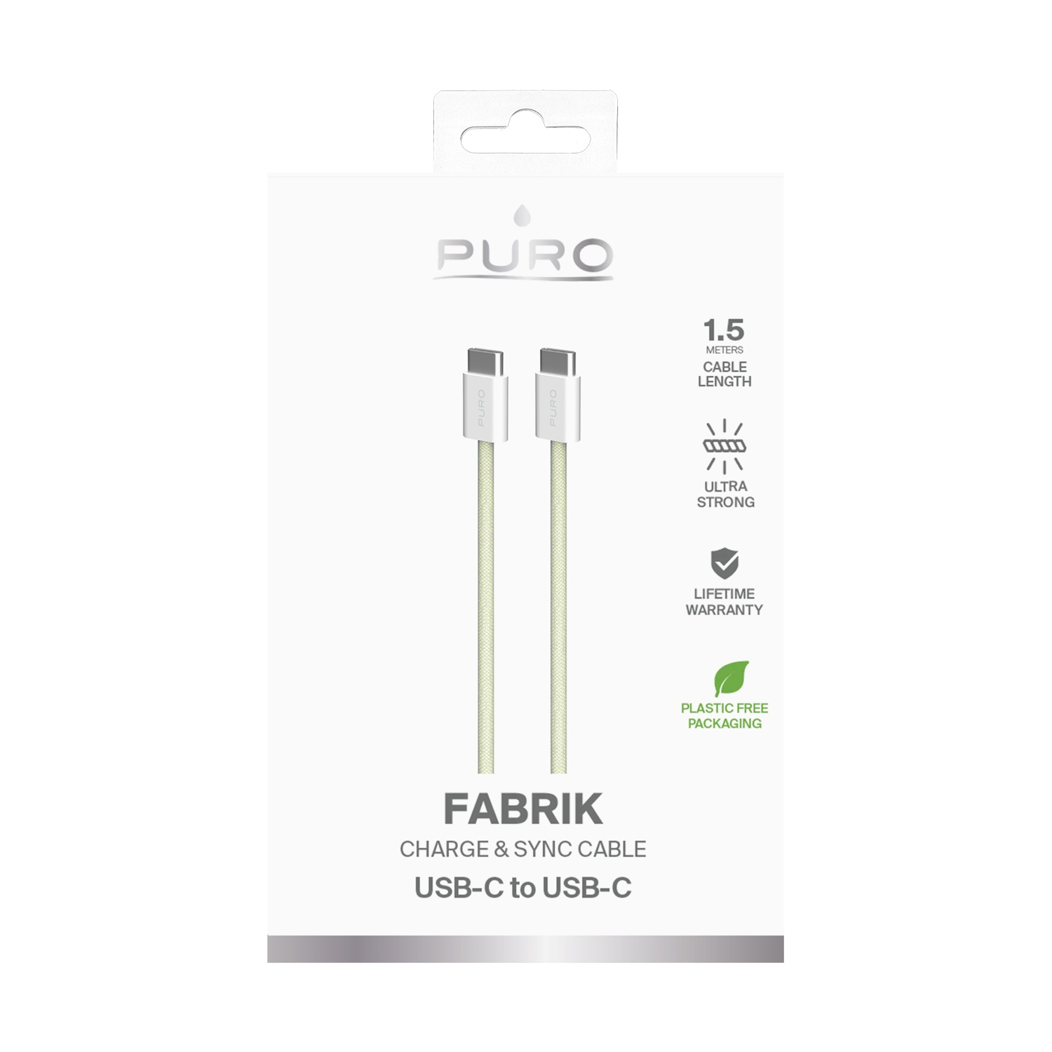 Puro USB-C kabel, 1,5m, ultra sterk, in plasticvrije verpakking.