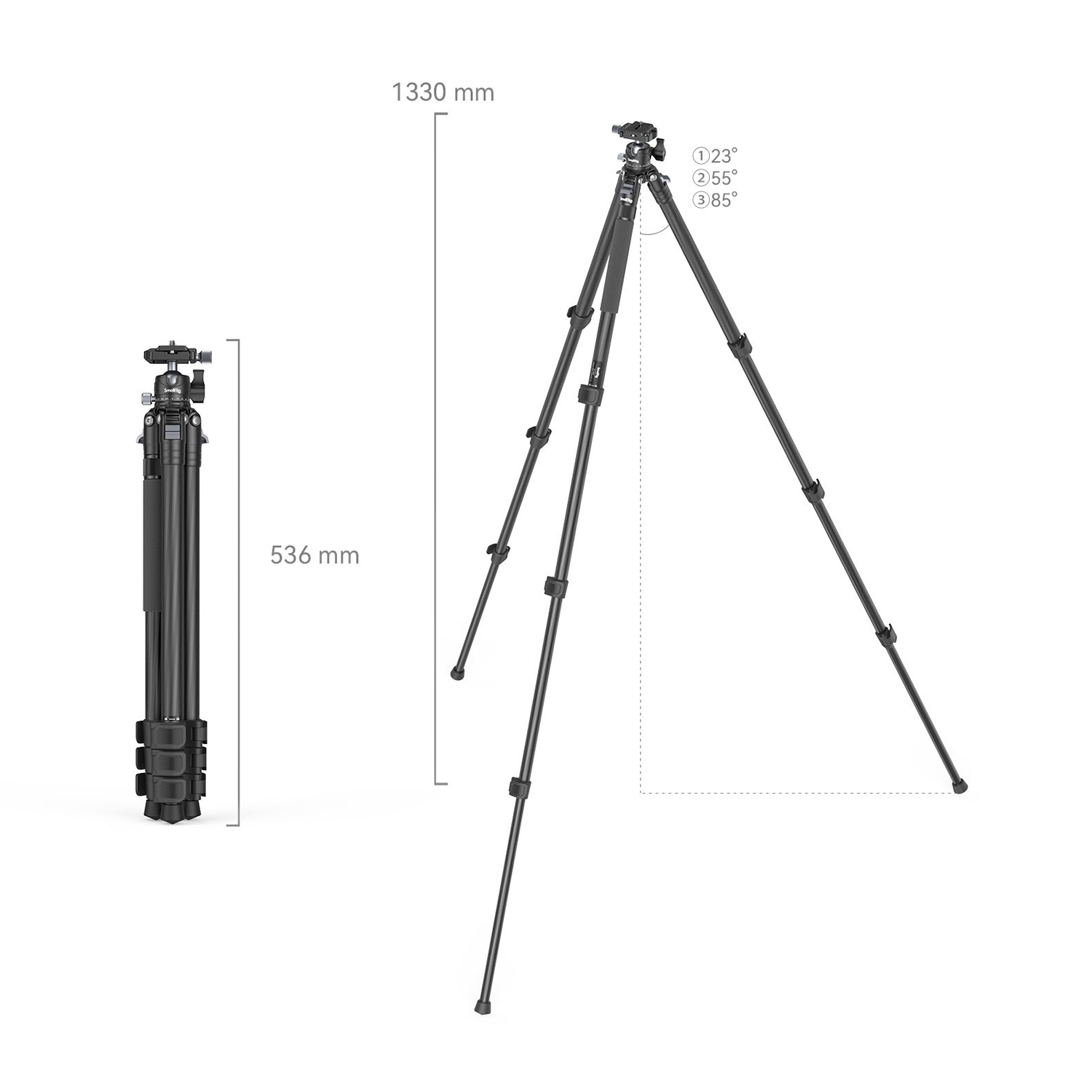 An extended and a folded tripod, dimensions shown.