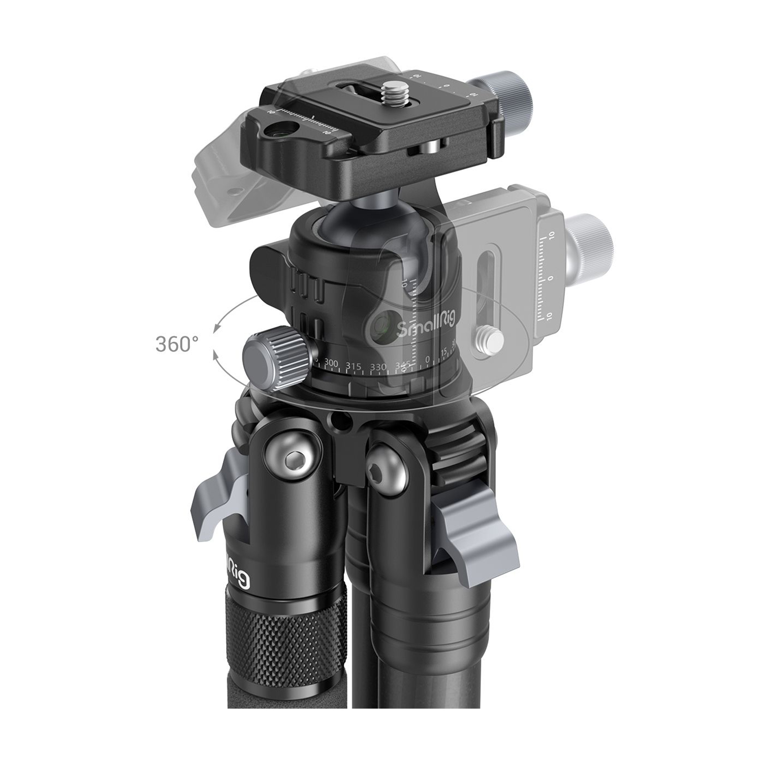 Black and gray camera tripod head with 360° rotation and scales.