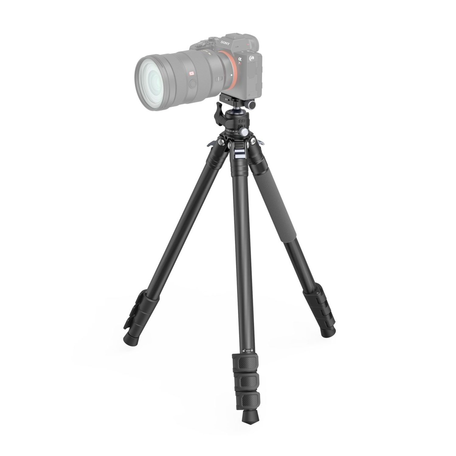 A black camera with a lens sits on a black tripod against a white background.