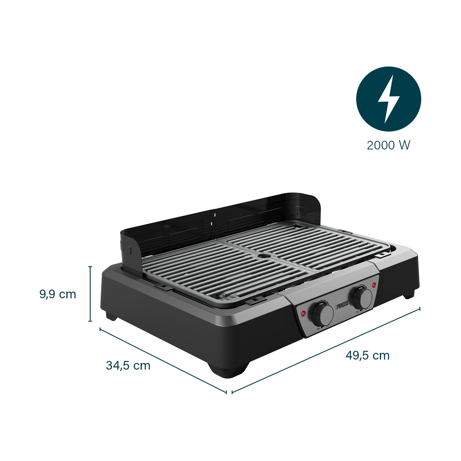 Ein schwarzer Elektrogrill mit silbernen Rosten und Bedienelementen.