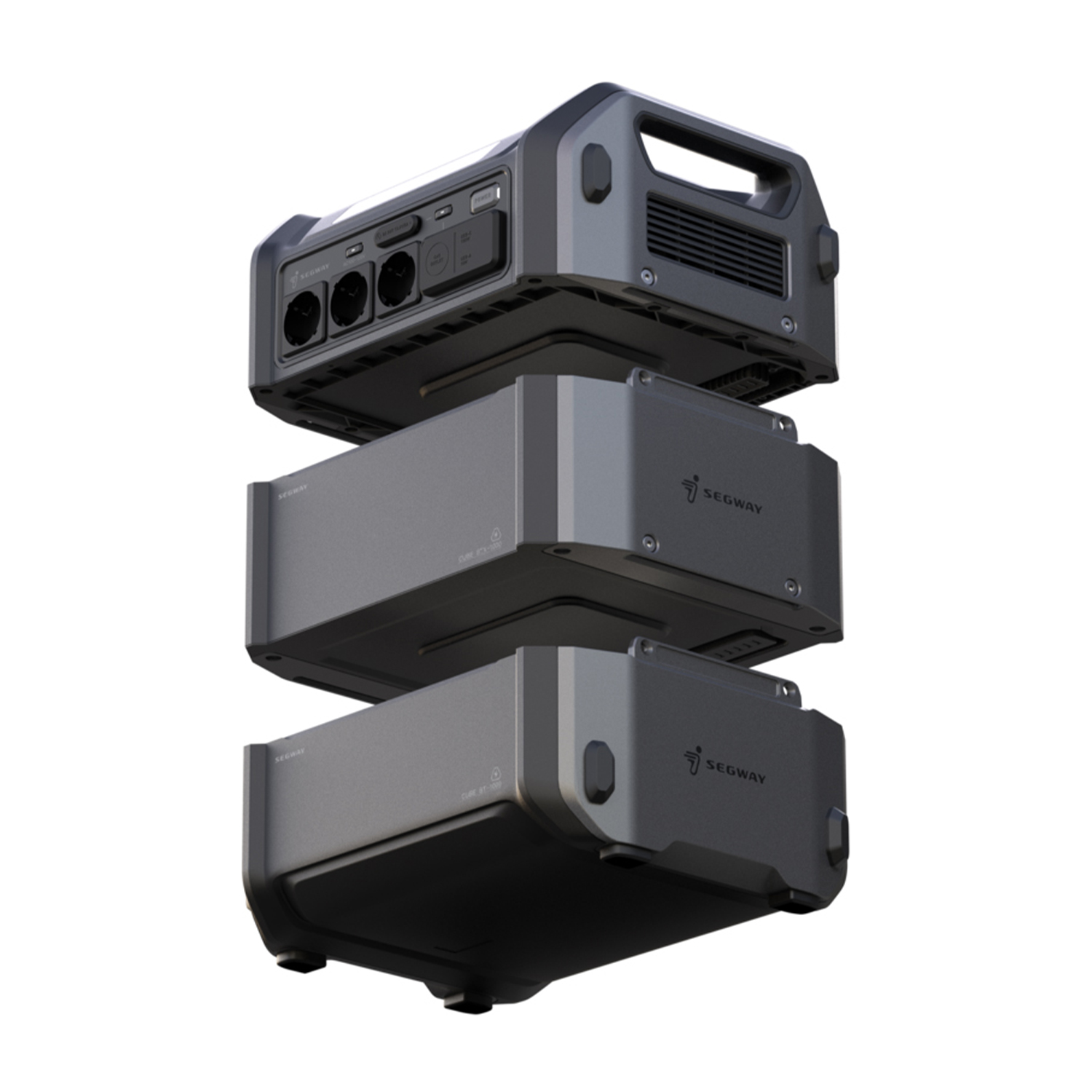 Szara przenośna stacja zasilania z trzema ułożonymi modułami, górny z portami.