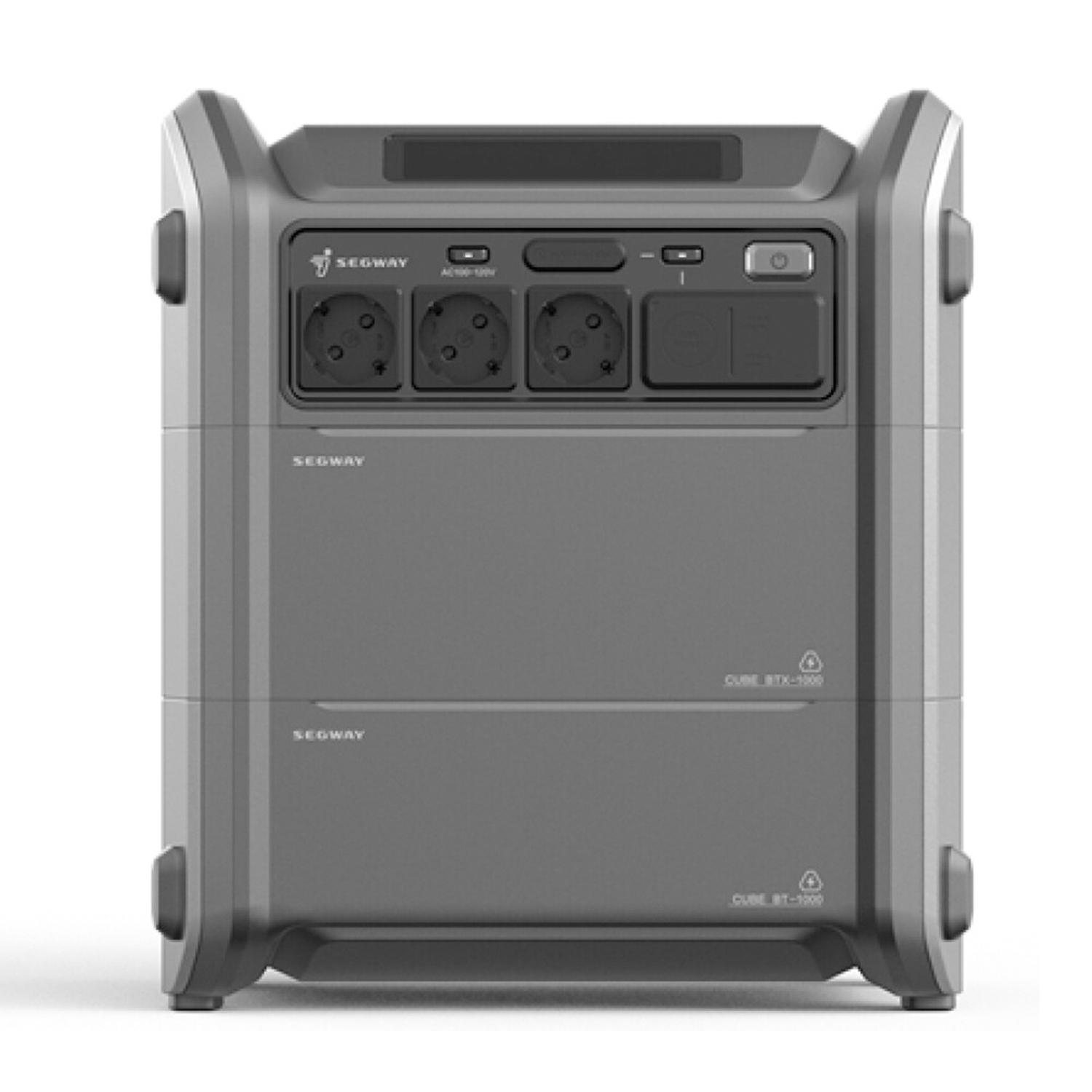 Szara przenośna stacja zasilania Segway z wieloma gniazdami i przyciskami na górze.
