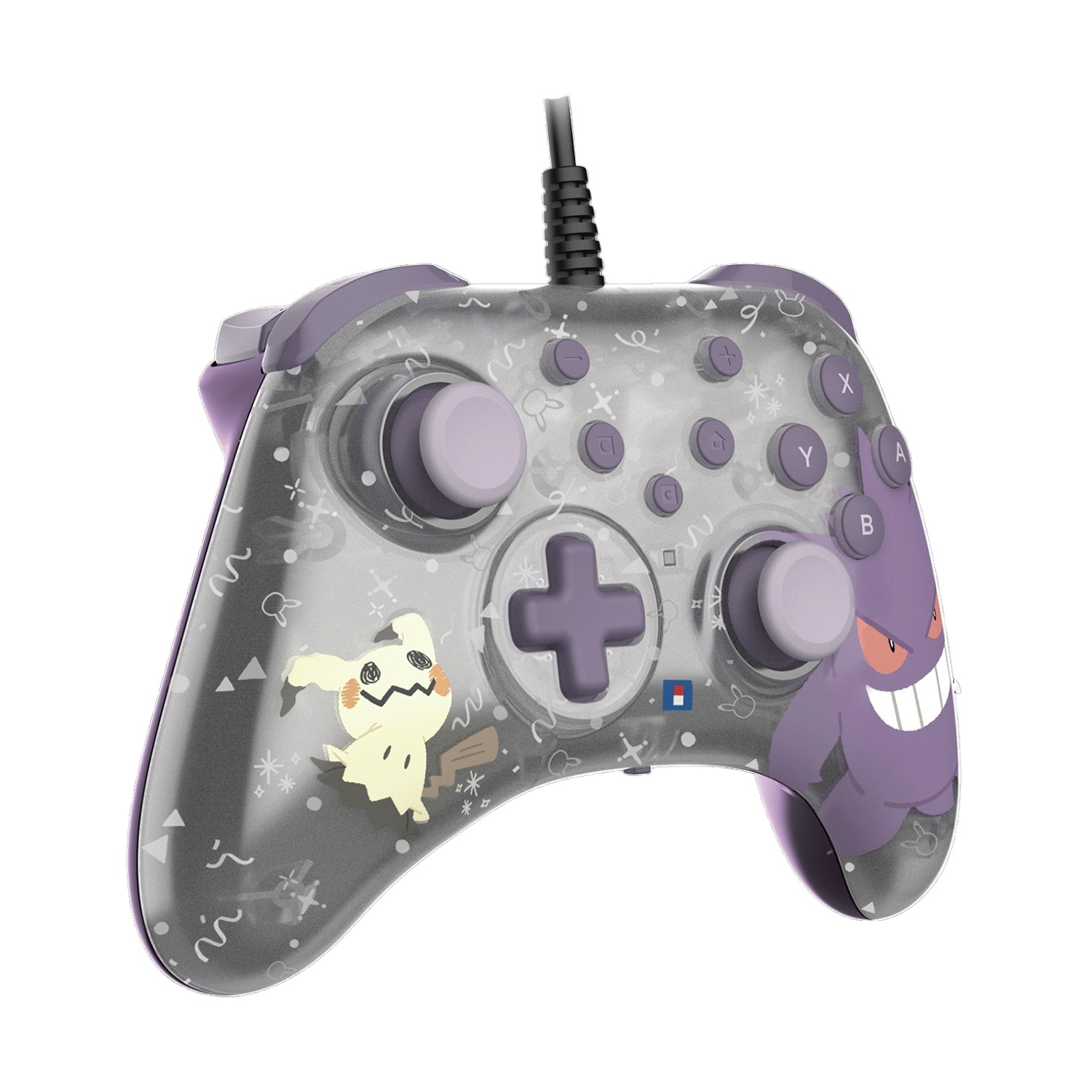 Przezroczysty kontroler z postaciami Pokémon Gengar i Mimikyu.