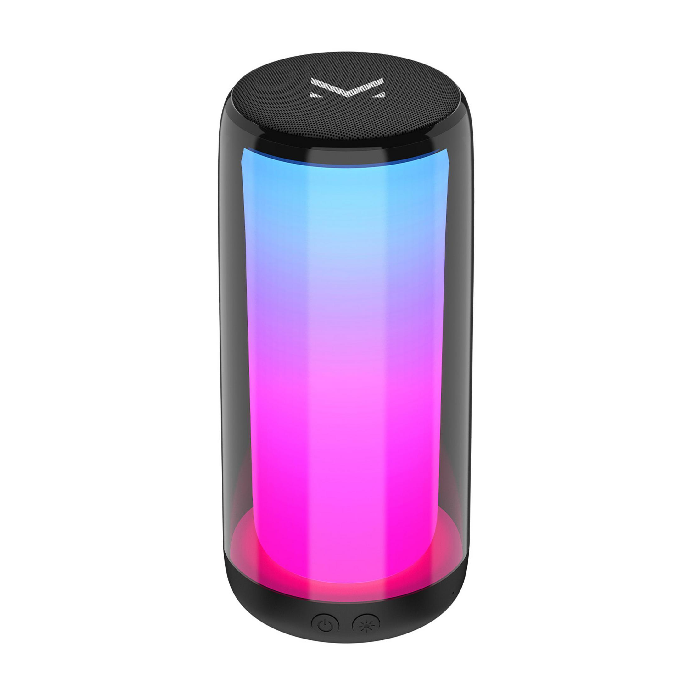 Czarny głośnik z kolorowymi światłami LED i logo.
