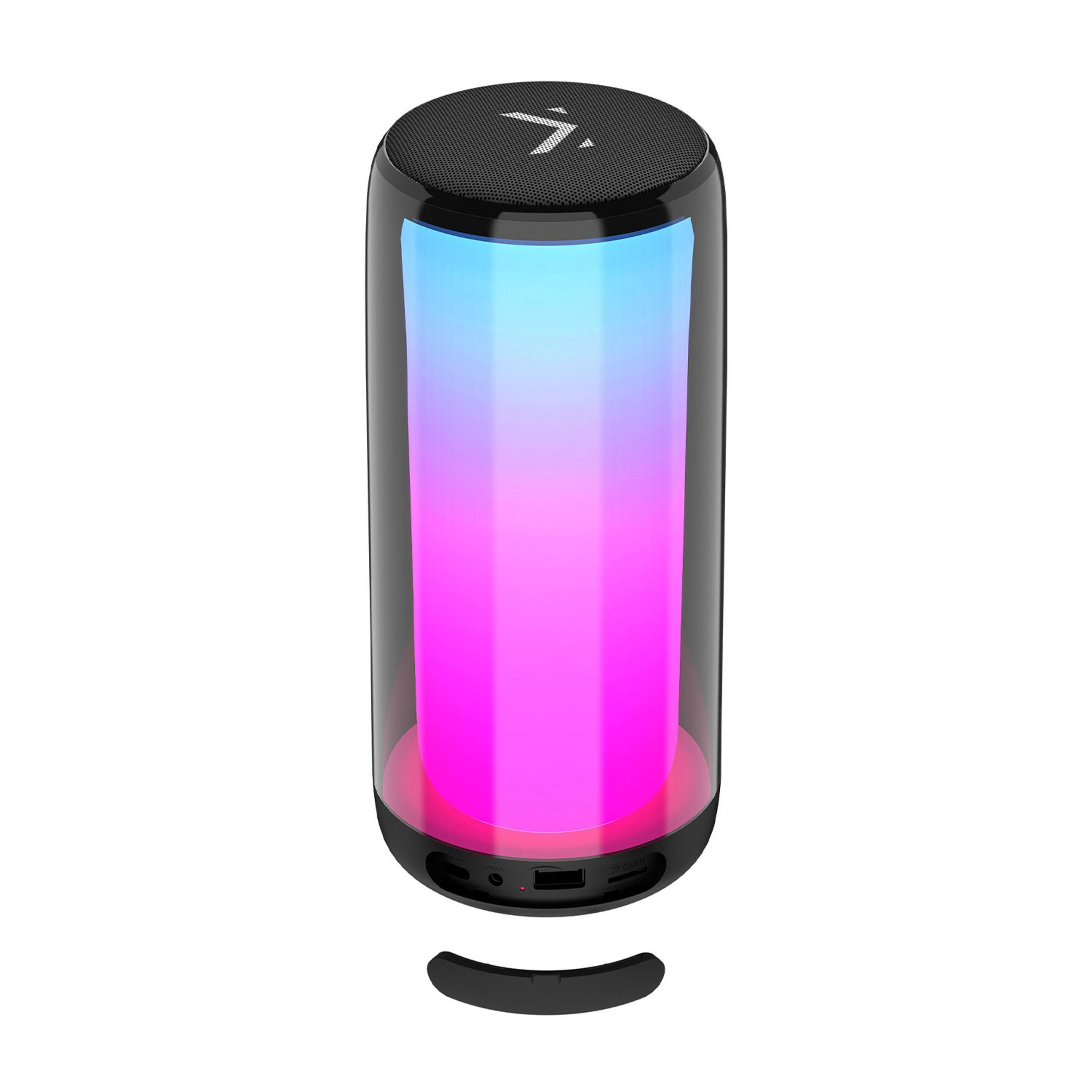 Głośnik cylindryczny z kolorowymi diodami LED, czarną siatką i logo.