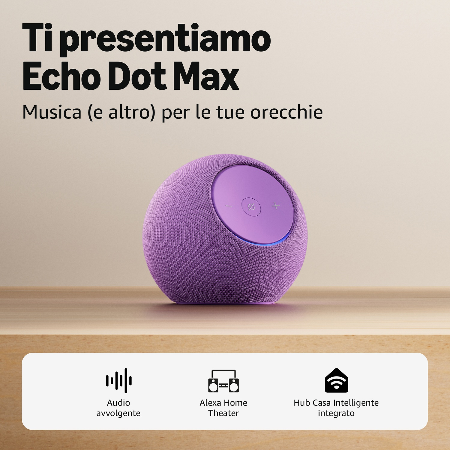 Lila Echo Dot Max auf einem Holztisch mit Text und Symbolen für Audio und Smart Home.