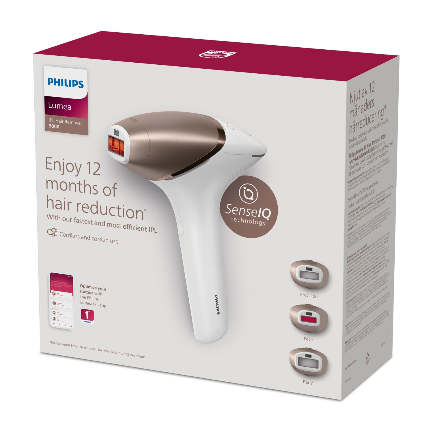 Urządzenie Philips Lumea IPL Hair Removal 9000 w kolorze białym i złotym z wyświetlaczami.