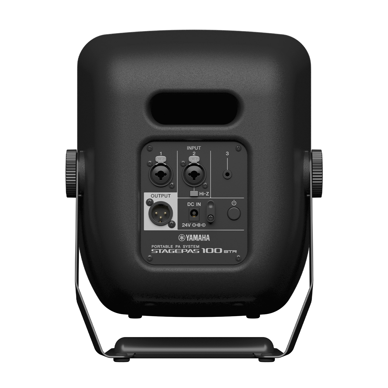 Retro di un altoparlante Yamaha Stagepas 100 BTR nero con connessioni.