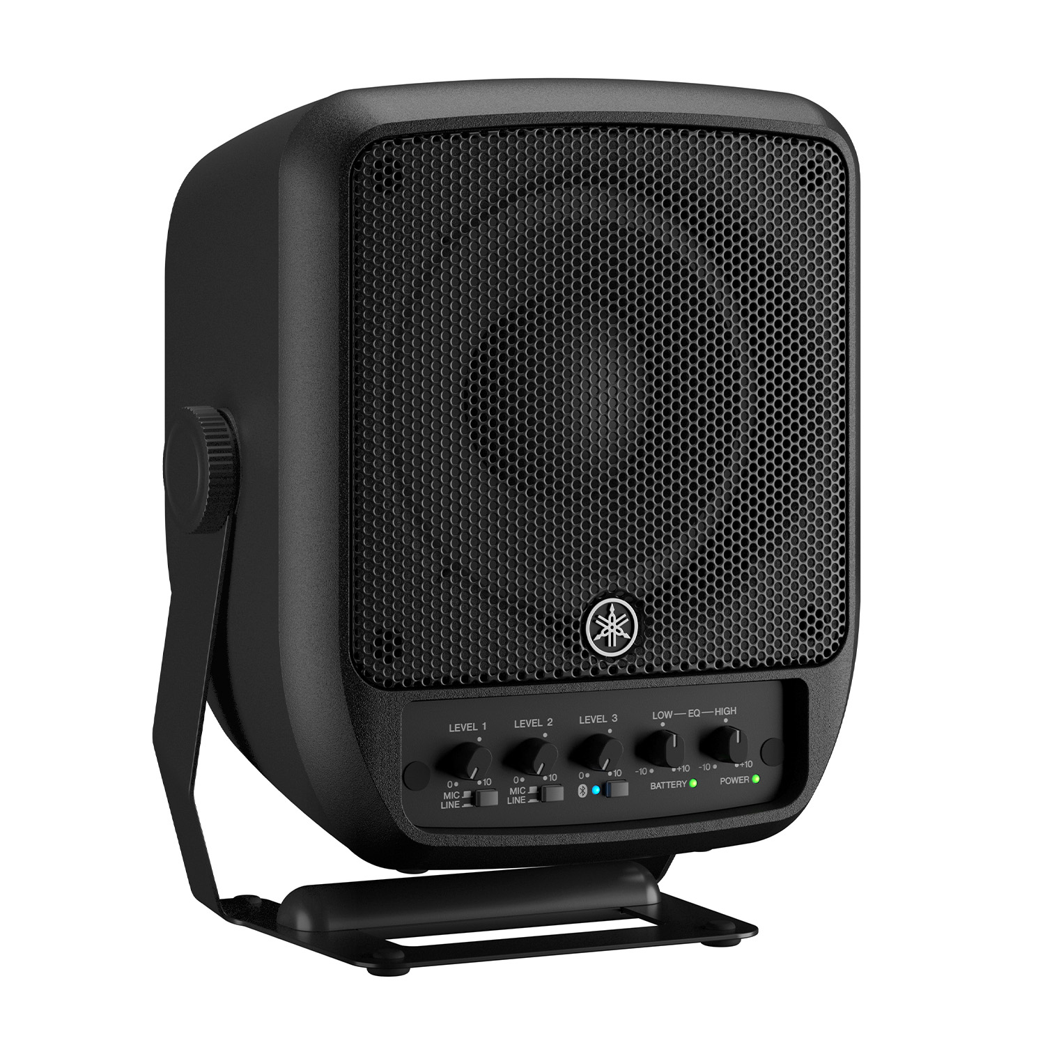 Altoparlante Yamaha nero con controlli e supporto.