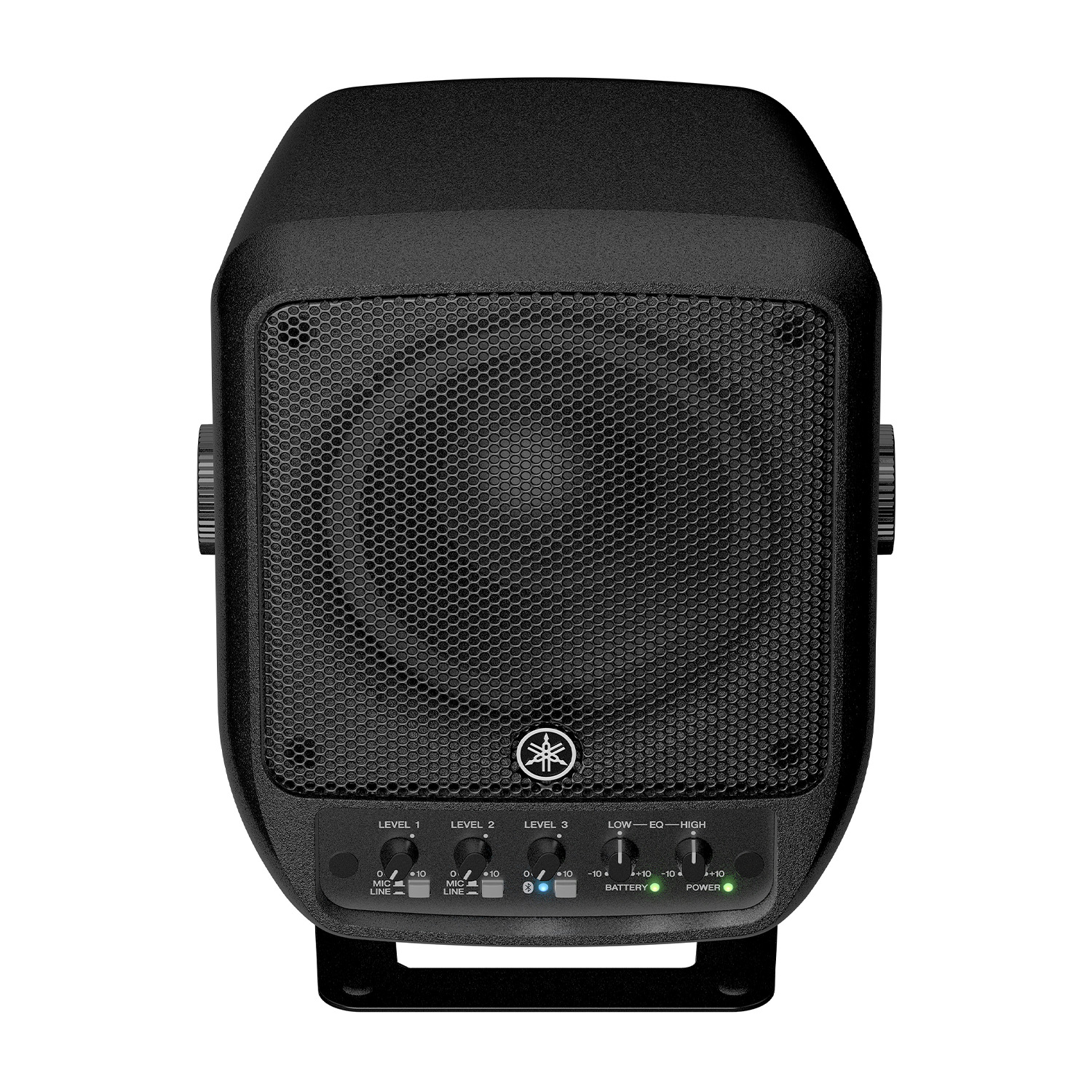 Altoparlante portatile Yamaha nero con manopole, griglia e LED.