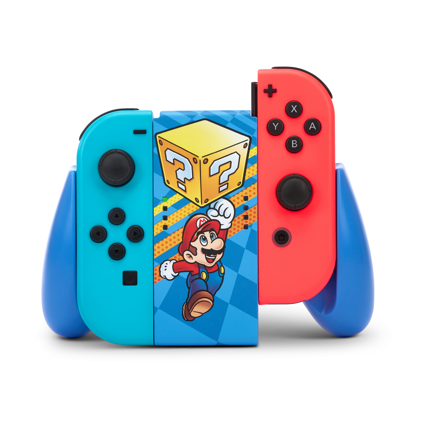 Kontrolery Nintendo Switch z Mario i blokiem z pytajnikiem.
