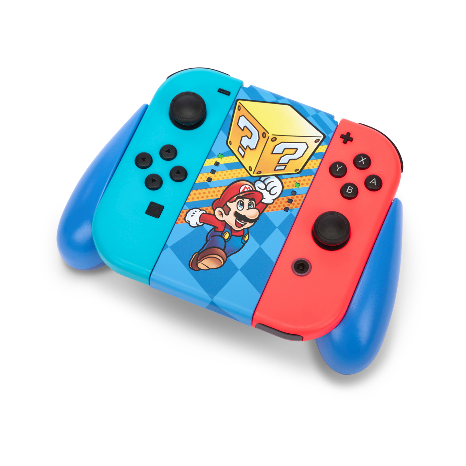 Kontroler Nintendo Switch z Mario i skrzynką z pytajnikiem na niebieskim i czerwonym tle.