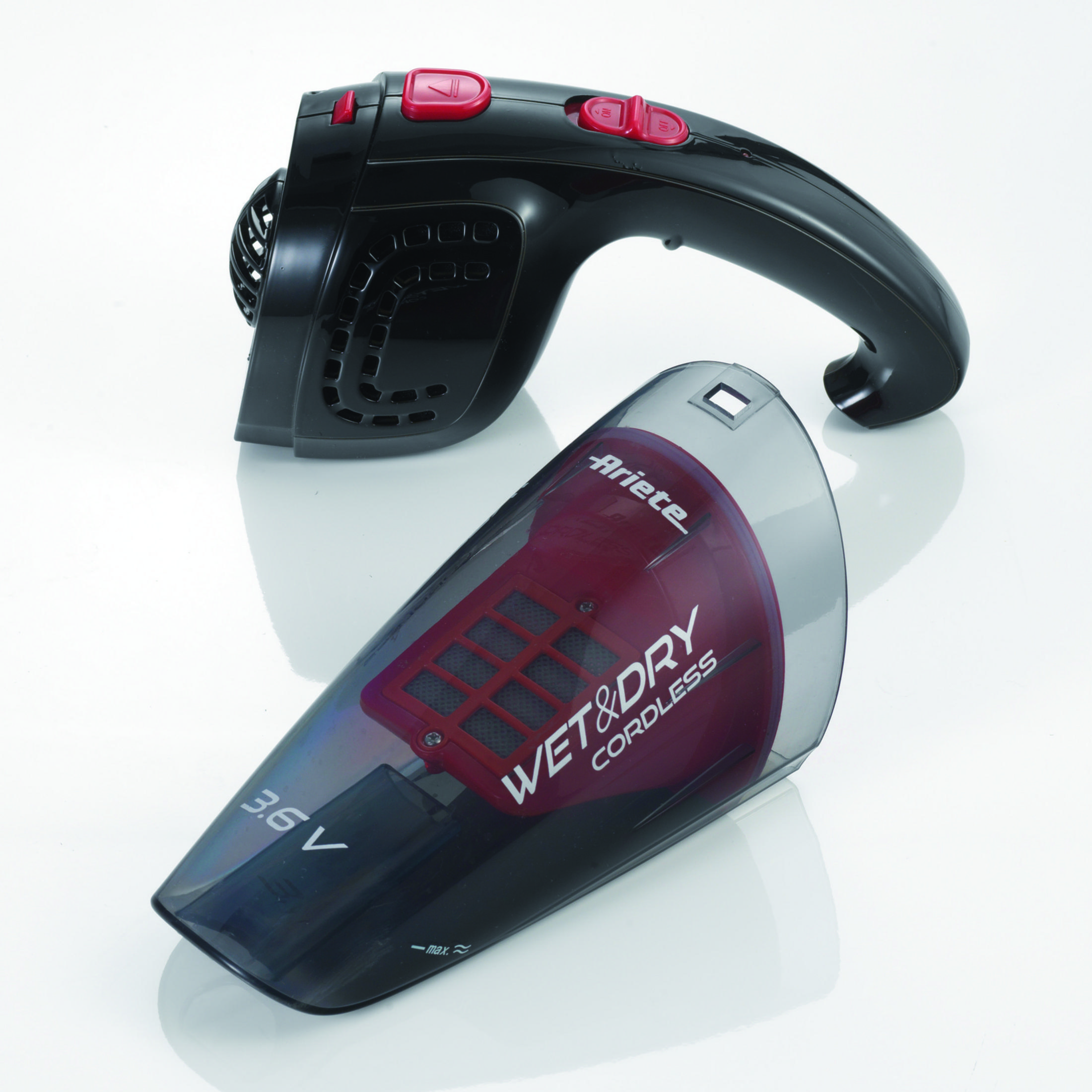 Black handheld vacuum with red dustbin. Ariete logo.
