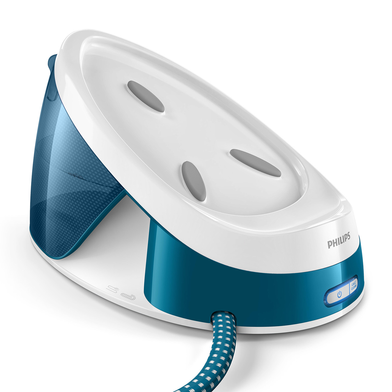 Mavi ve beyaz Philips buharlı ütü tabanı kablolu.