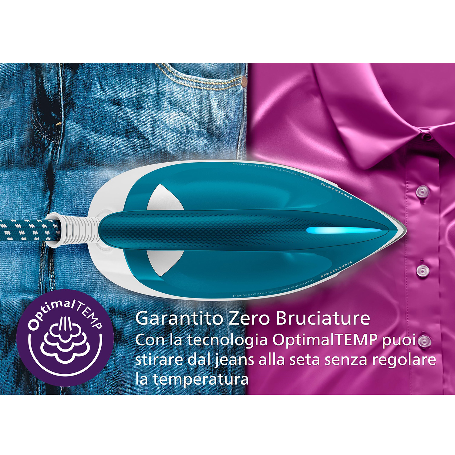 Kot pantolon ve ipek üzerinde OptimalTEMP logolu ütü.