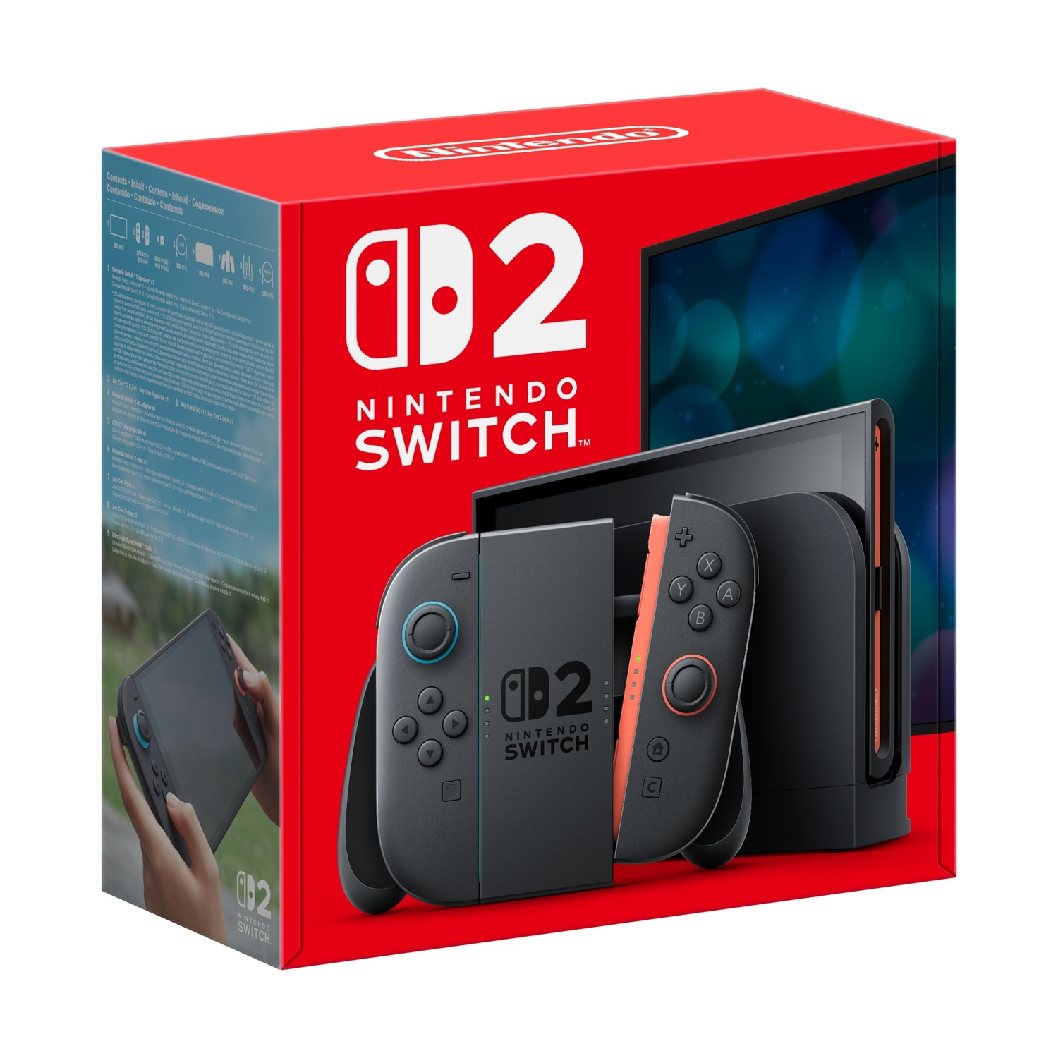 Konsola Nintendo Switch w czerwonym pudełku z szarymi kontrolerami.
