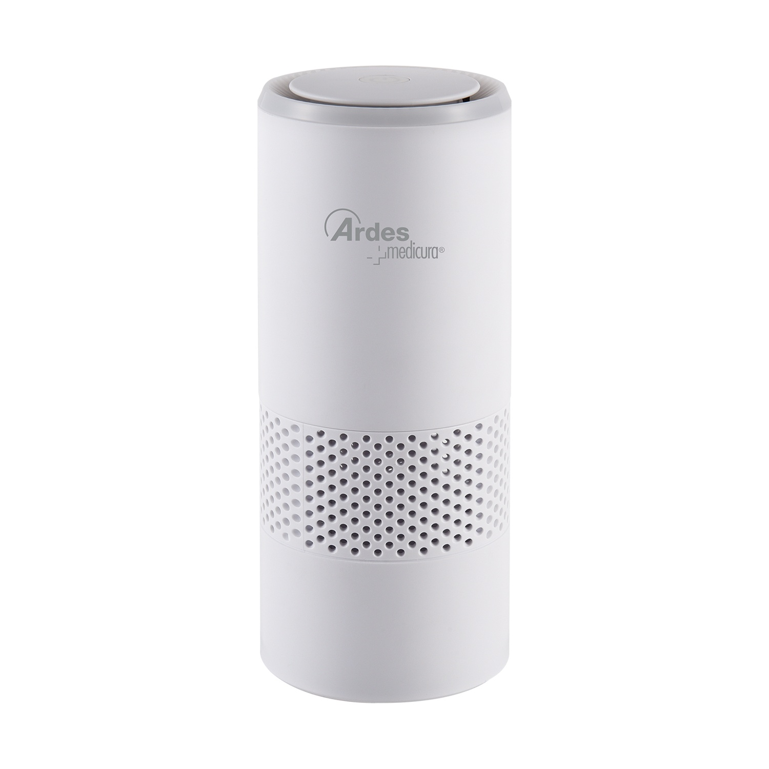 Un purificatore d'aria bianco con fessure di ventilazione e logo Ardes.