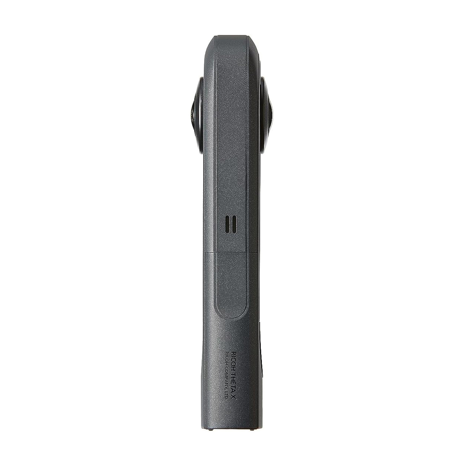 Graue 360-Grad-Kamera mit Objektiv und Beschriftung 'RICOH THETA X'.