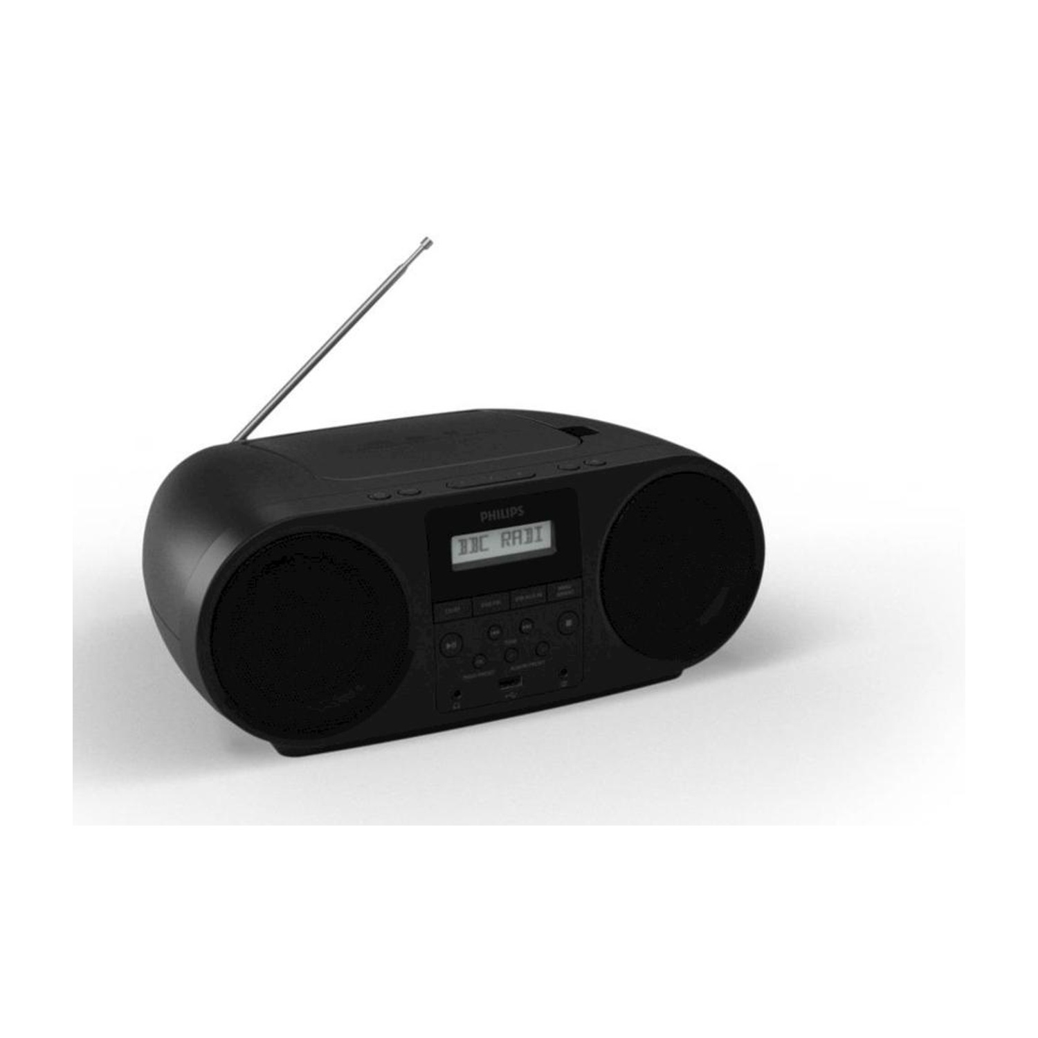Zwarte Philips boombox met uitschuifbare antenne en LCD-scherm.