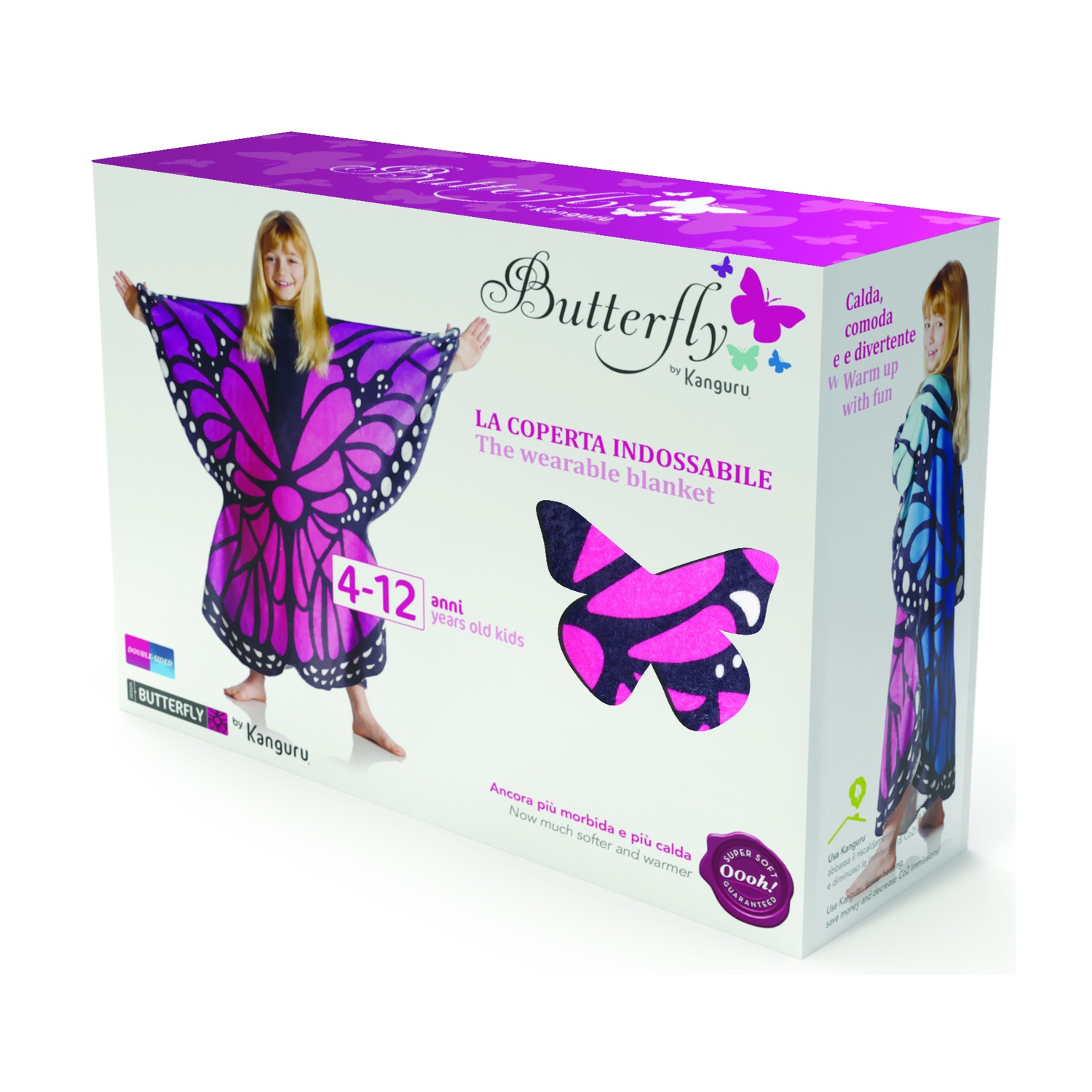 Scatola di una coperta indossabile con ali di farfalla, colori viola e neri.
