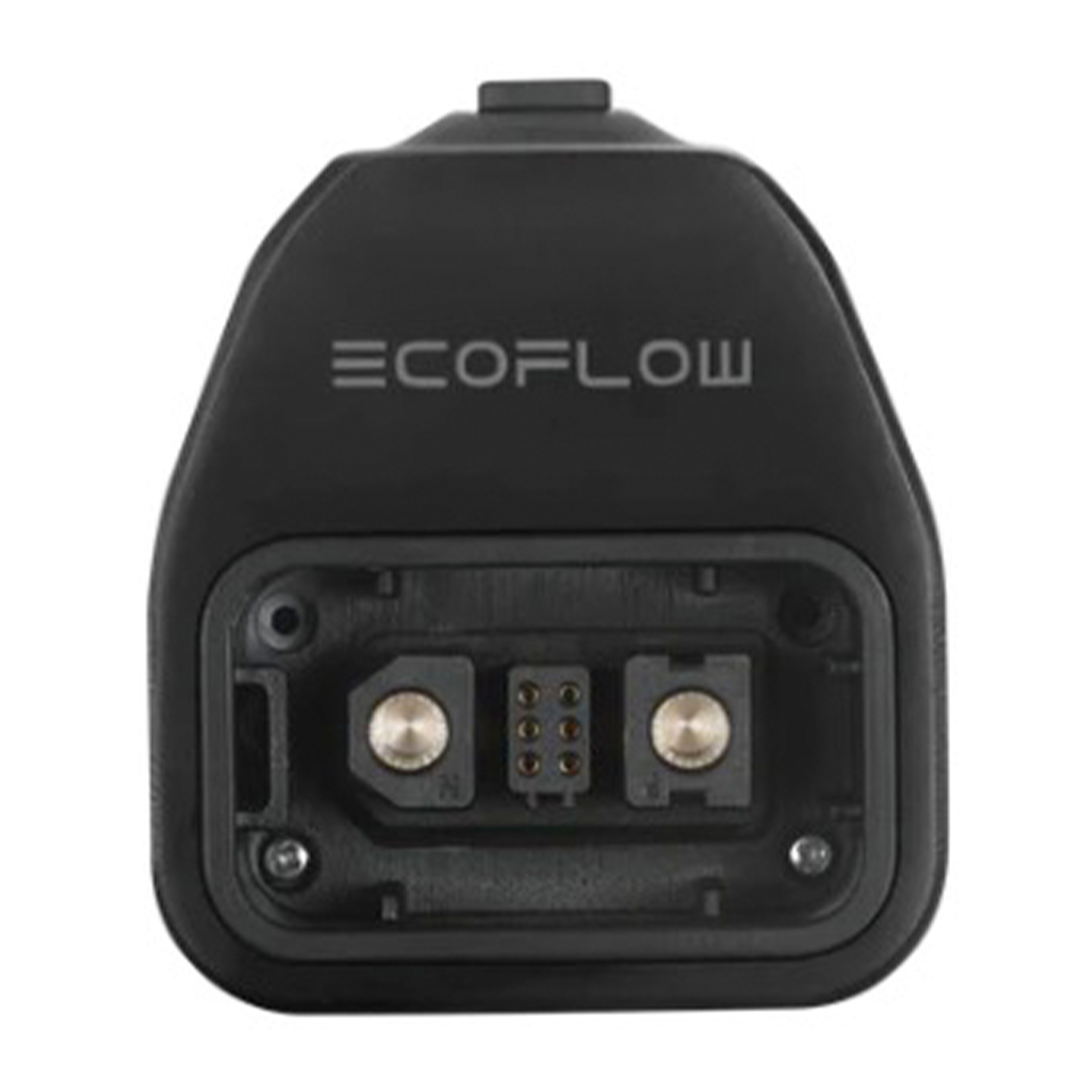 Adaptador negro ECOFLOW con conectores y tornillos visibles.