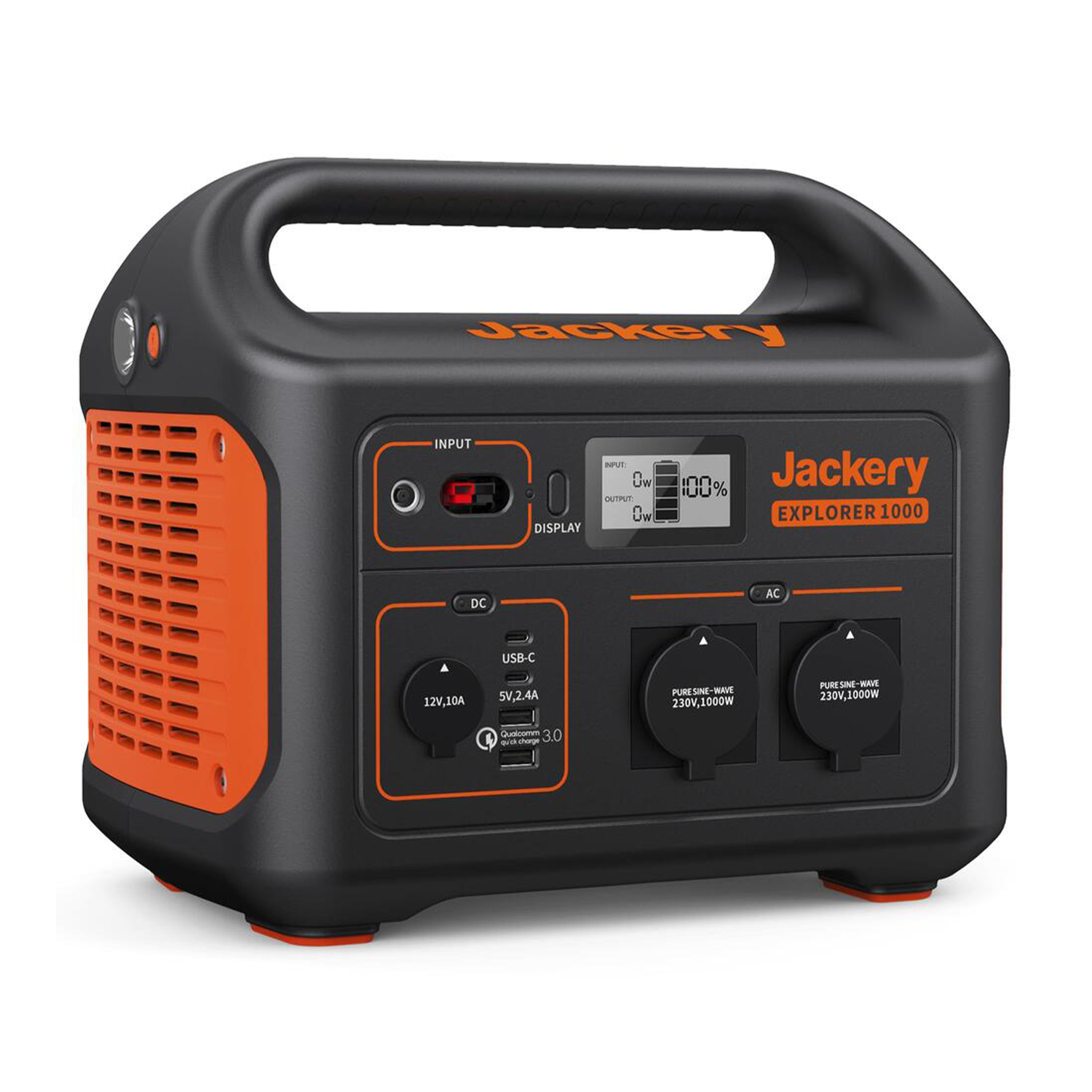 Zwarte Jackery Explorer 1000 met oranje accenten, handvat en oplaadpoorten.