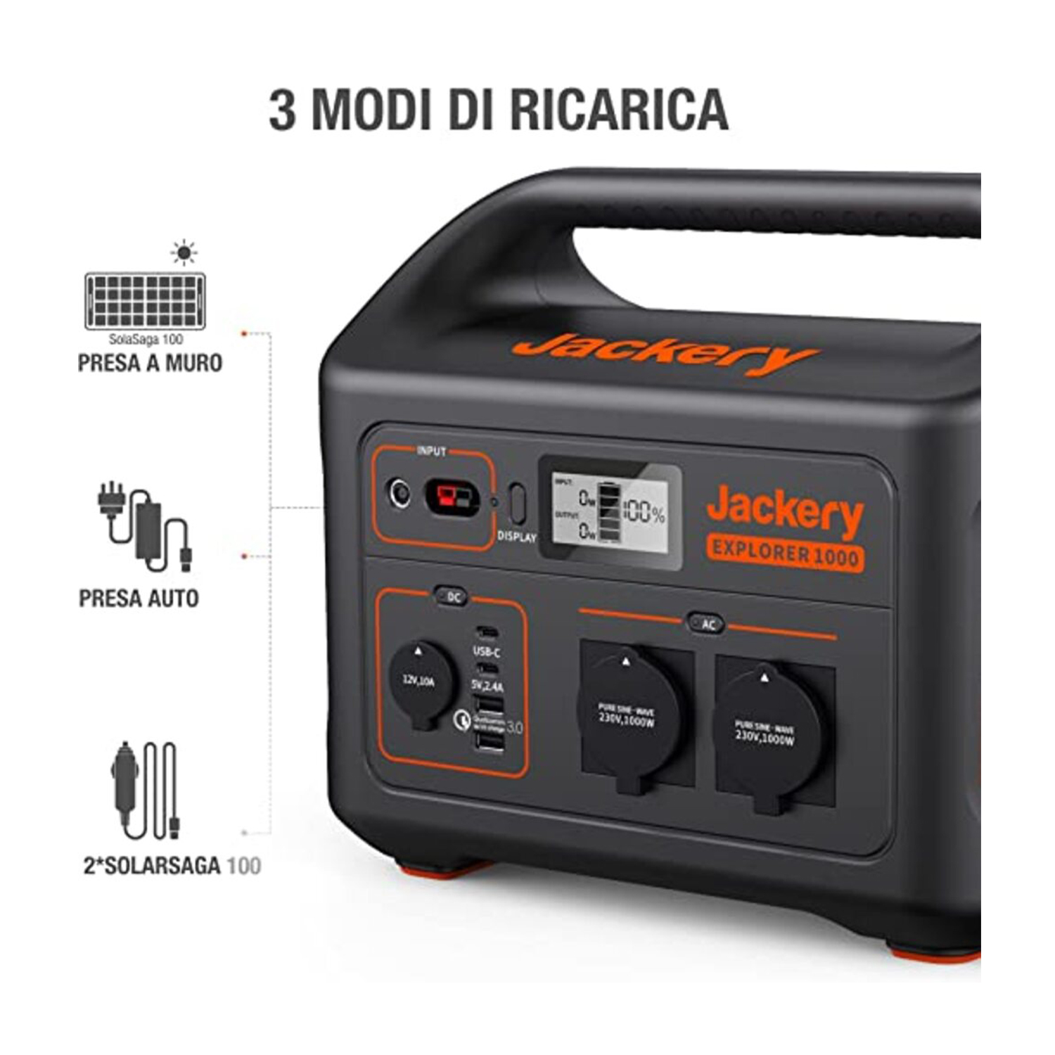 Een Jackery Explorer 1000 powerstation met laadindicator en poorten.