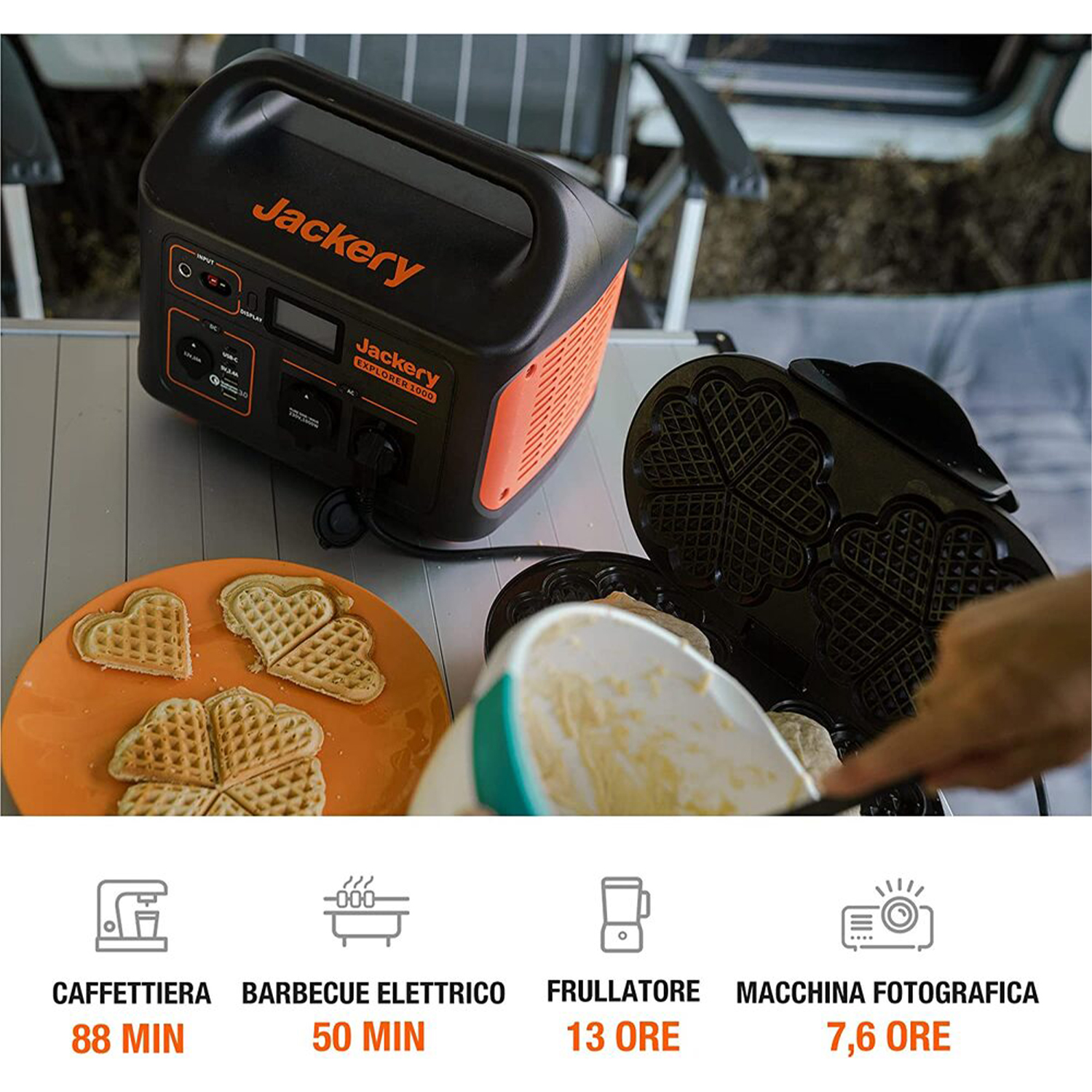 Een Jackery Explorer 1000, wafels en kookgerei op een tafel.