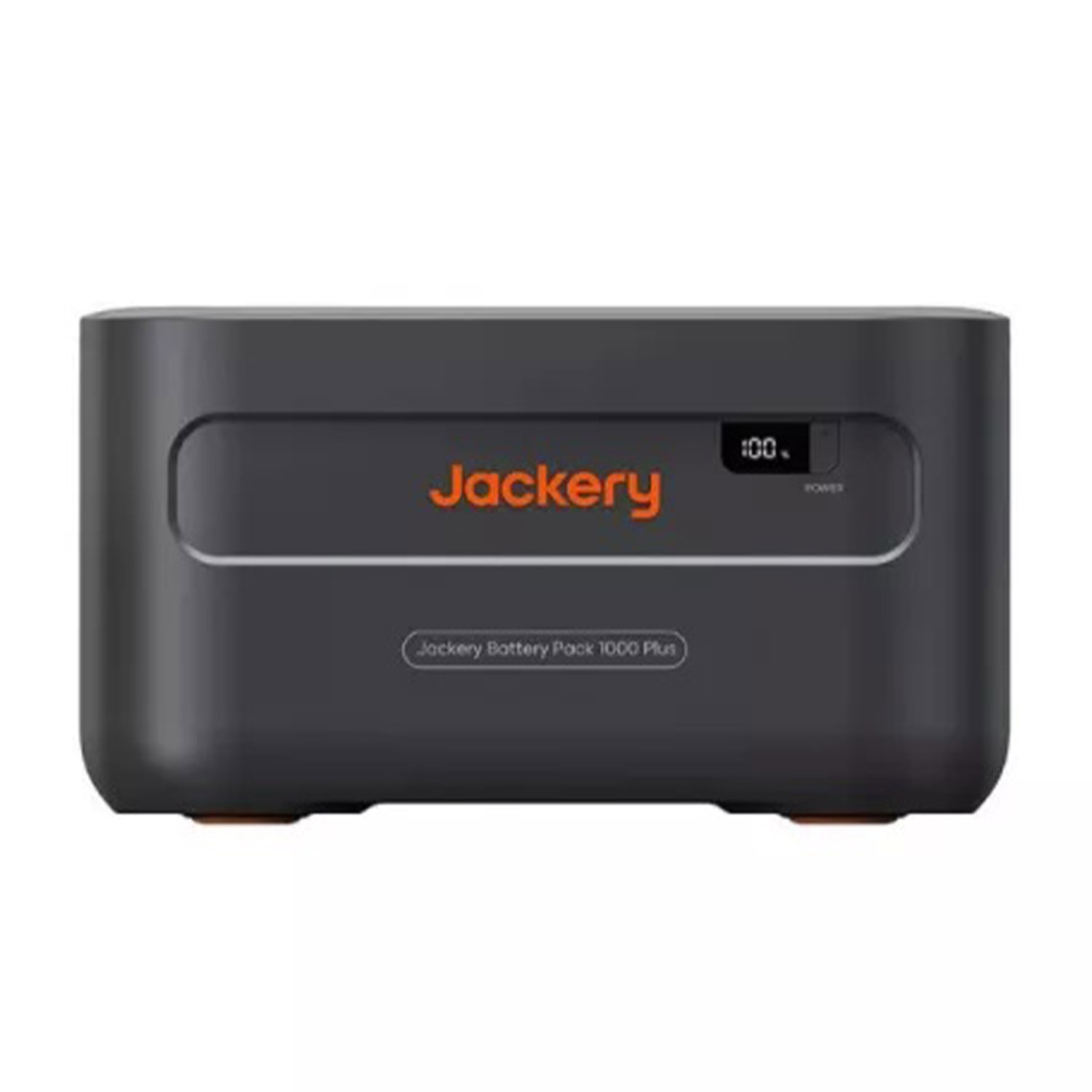 Un pacco batteria Jackery 1000 Plus grigio mostra il 100% di carica.