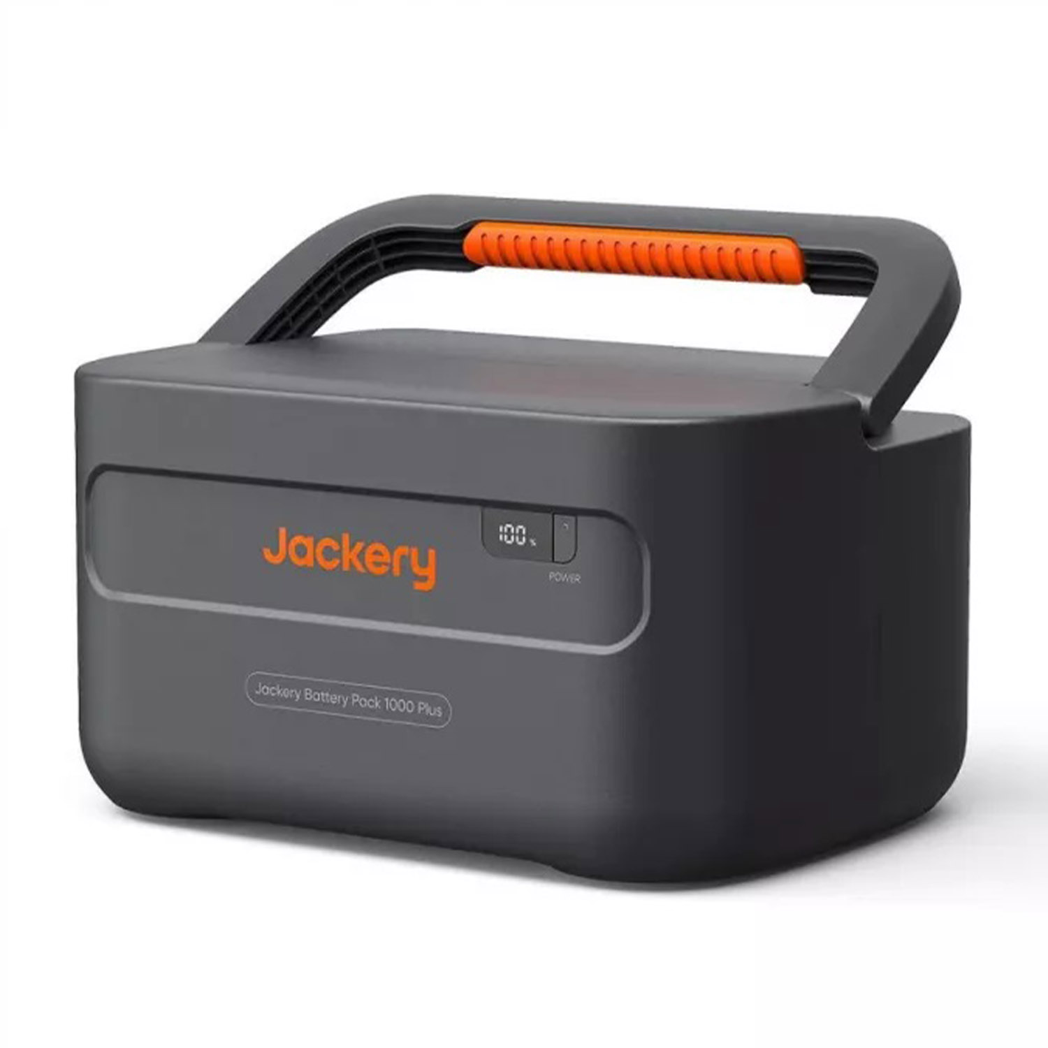 Power bank Jackery grigio 1000 Plus con manico e display arancioni.