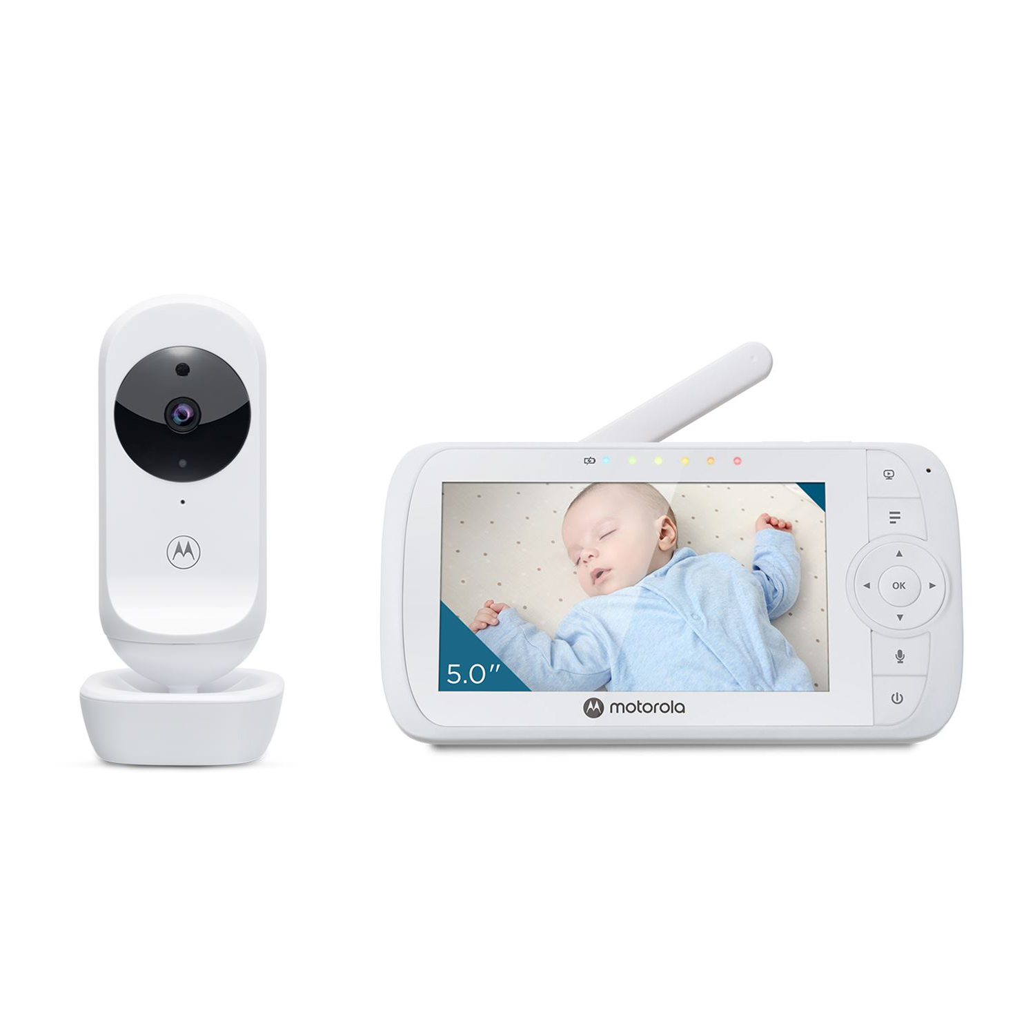 Ein weißes Babyphone mit Kamera und Monitor, der ein schlafendes Baby zeigt.