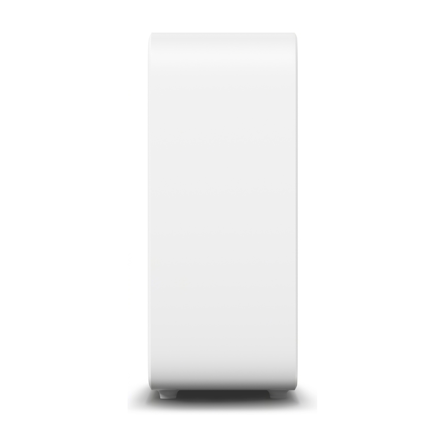 Białe, prostokątne pudełko z zaokrąglonymi krawędziami stoi na czterech małych nóżkach.