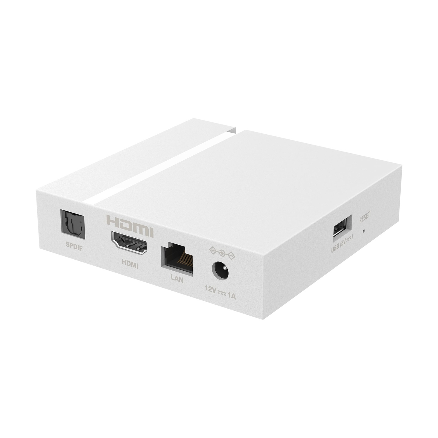 Scatola bianca con porte: SPDIF, HDMI, LAN, 12V, USB e pulsante reset.