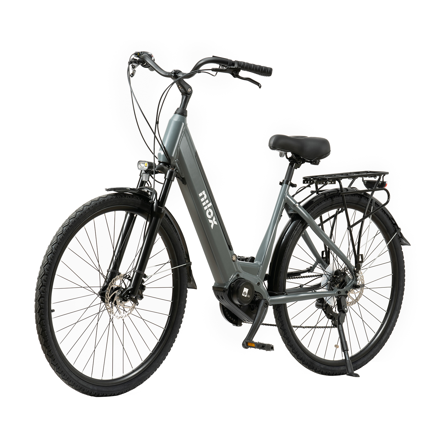 Una bicicletta elettrica grigia con sella nera, pneumatici neri e portapacchi posteriore.