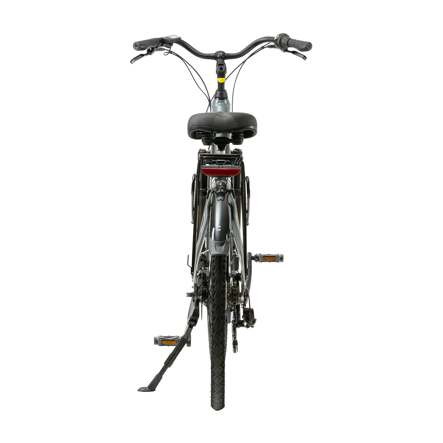 Vista posteriore di una bicicletta grigia con sella e cavalletto neri.