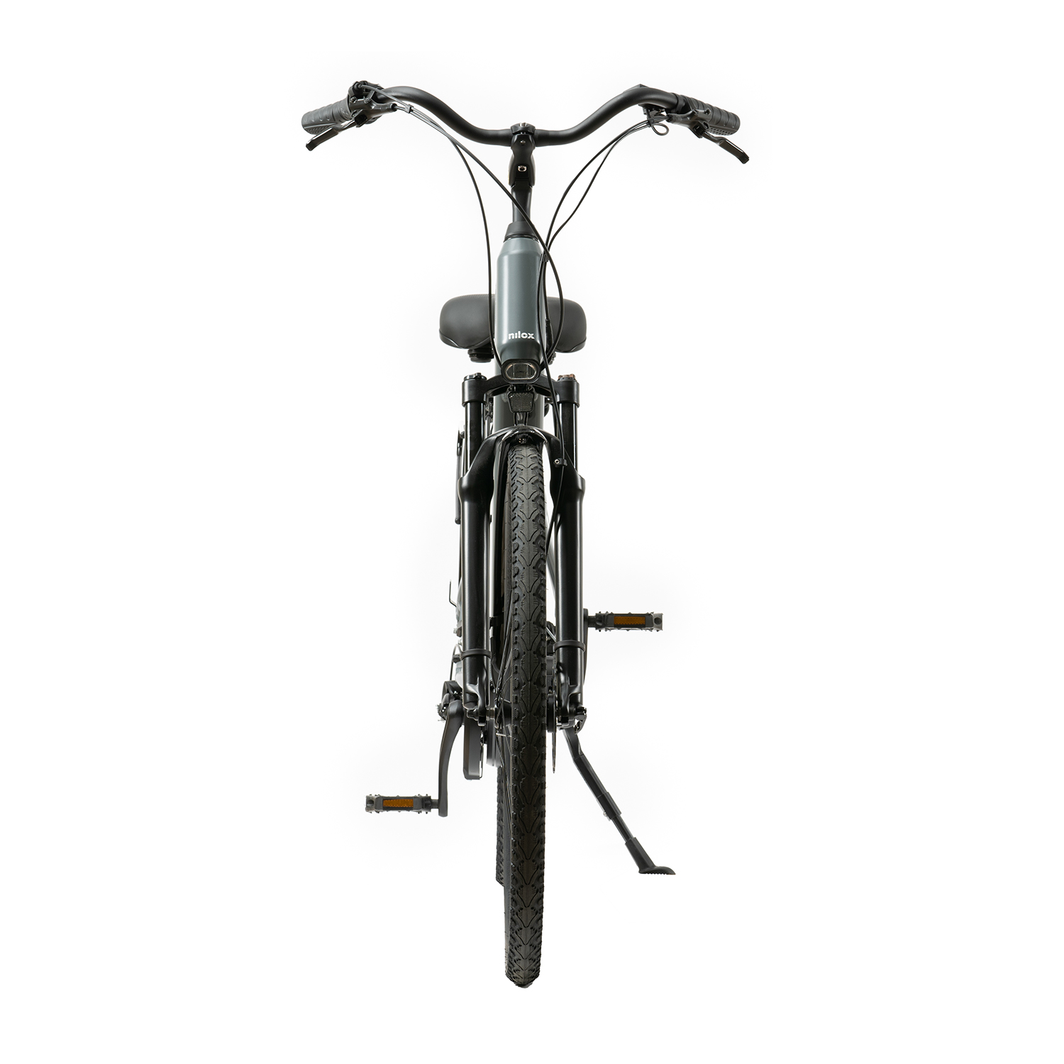 Bicicletta grigia con manubrio e sella neri, sfondo bianco.