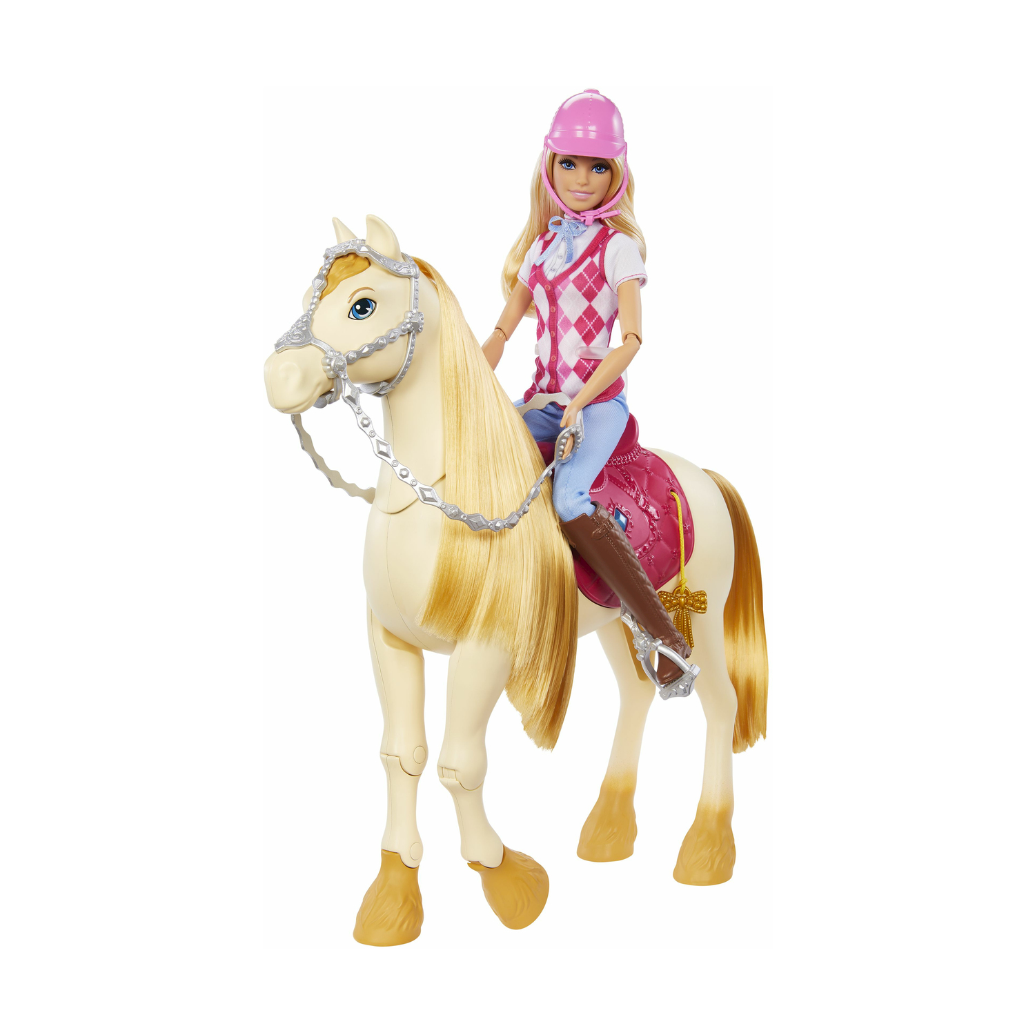 Lalka Barbie jedzie na kremowym koniu, w różowym kasku i kamizelce.