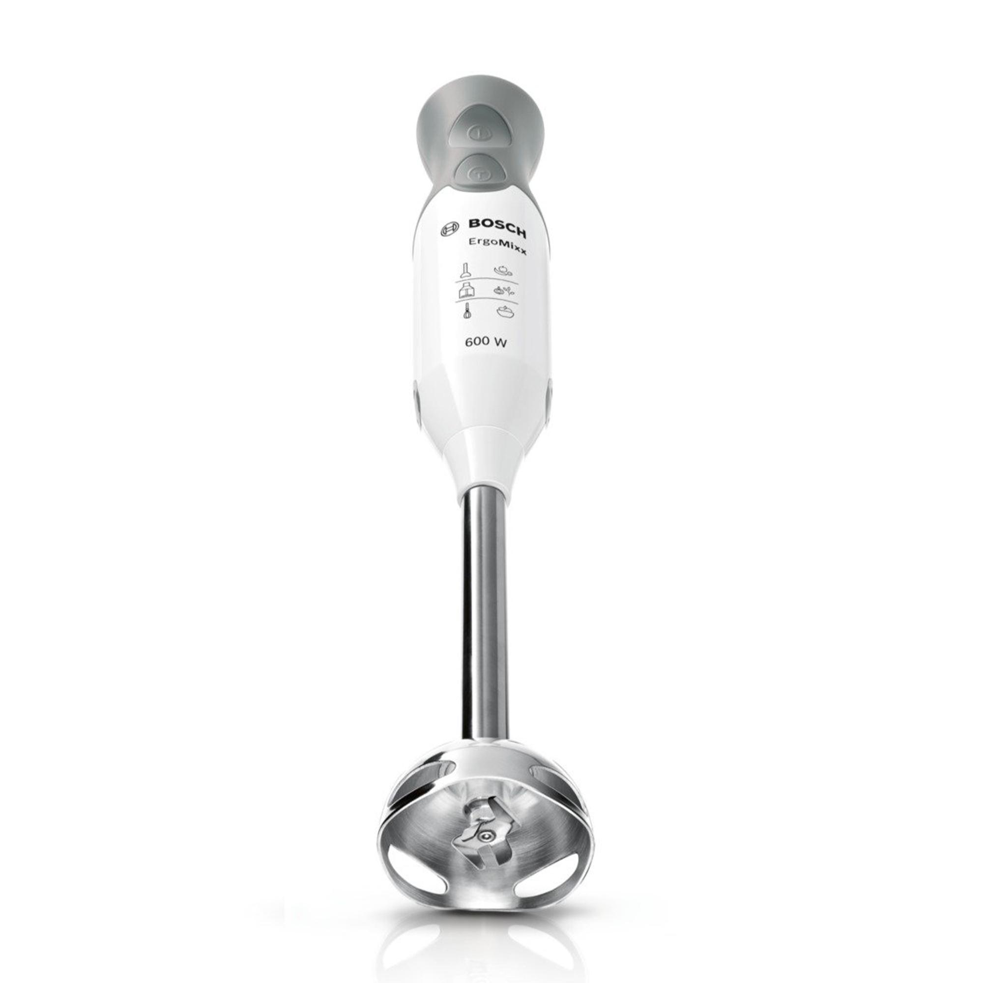 Frullatore a immersione bianco con albero e lama argentati, logo Bosch.