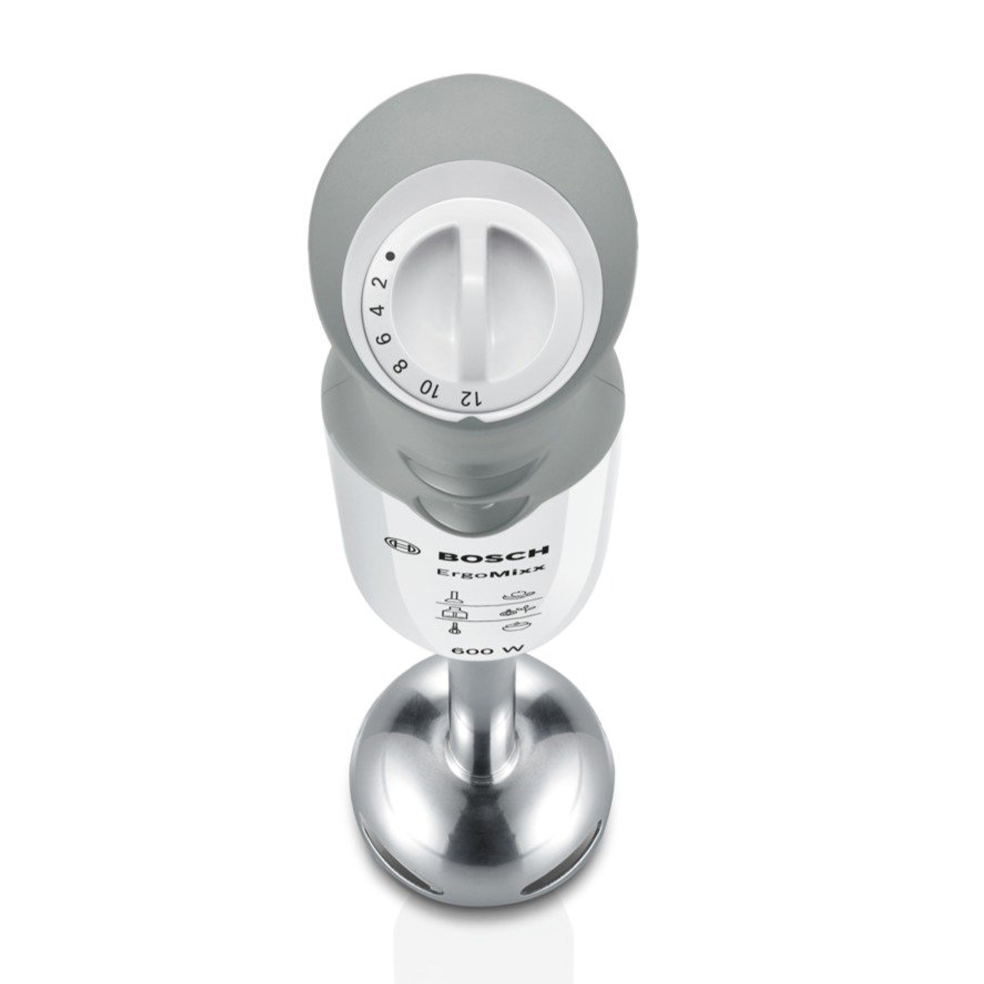 Un frullatore a immersione Bosch bianco e grigio con piede in metallo e selettore velocità.