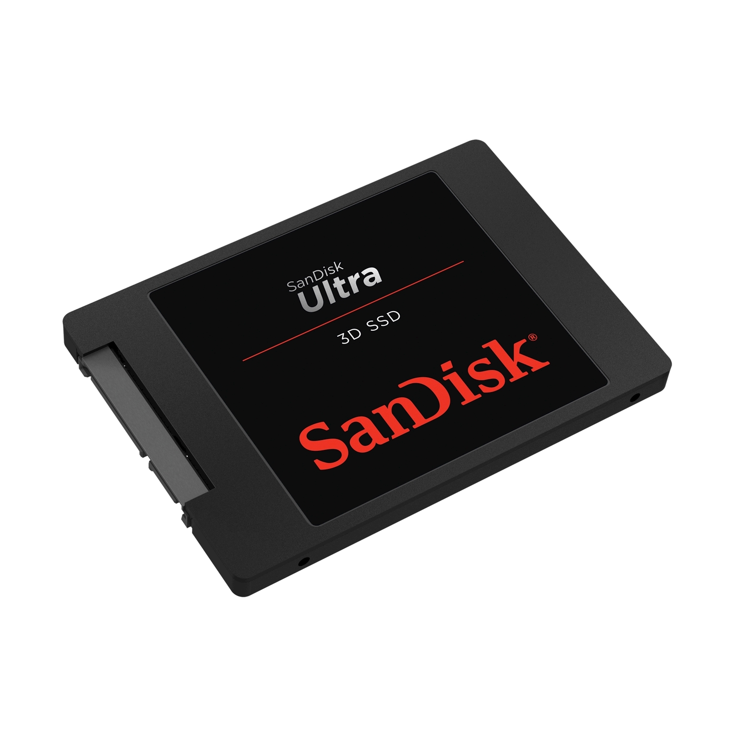 Czarny dysk SSD SanDisk Ultra 3D widoczny na białym tle.