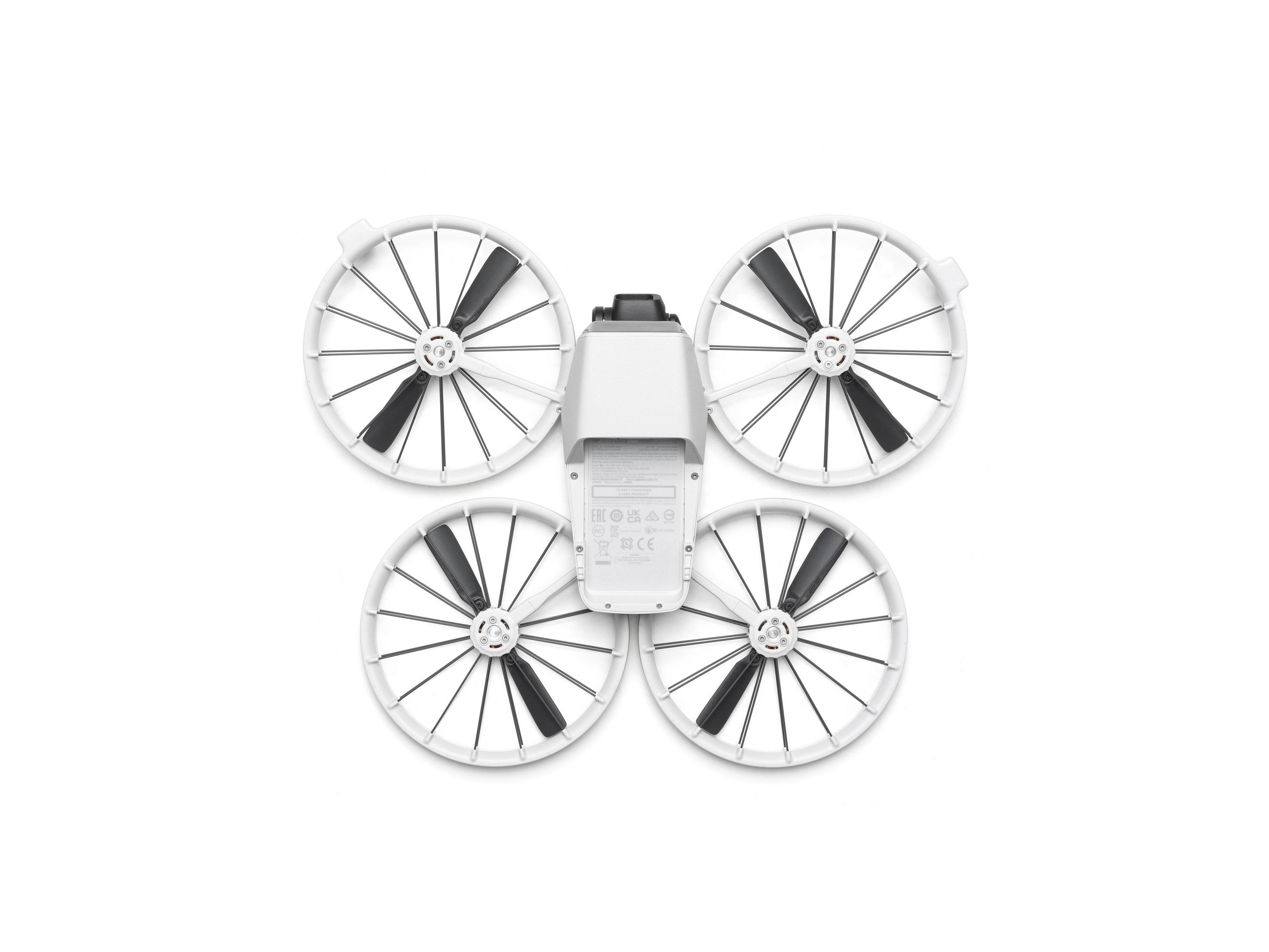 Telaio bianco per mini drone con quattro eliche e coperchio batteria.