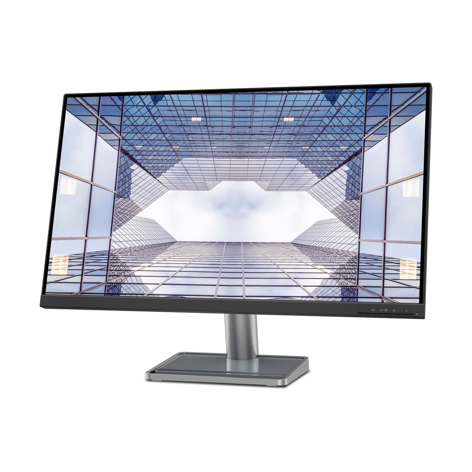 Un monitor mostra architettura futuristica in vetro vista dal basso.
