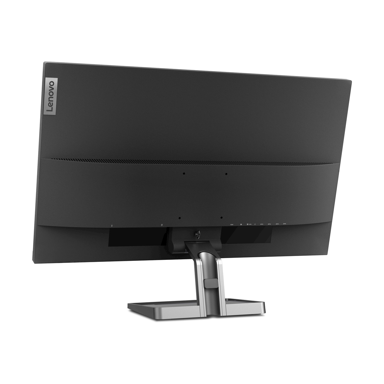 Vista posteriore di un monitor Lenovo nero su supporto argentato.