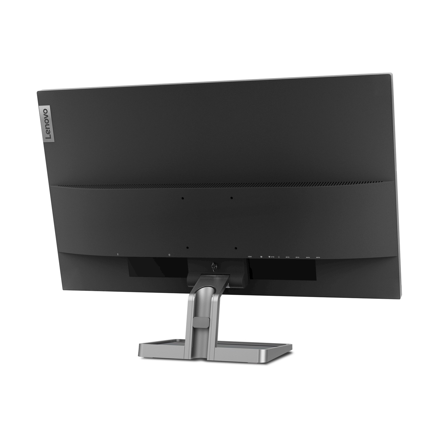 Vista posteriore di un monitor Lenovo nero con base argento e porte.