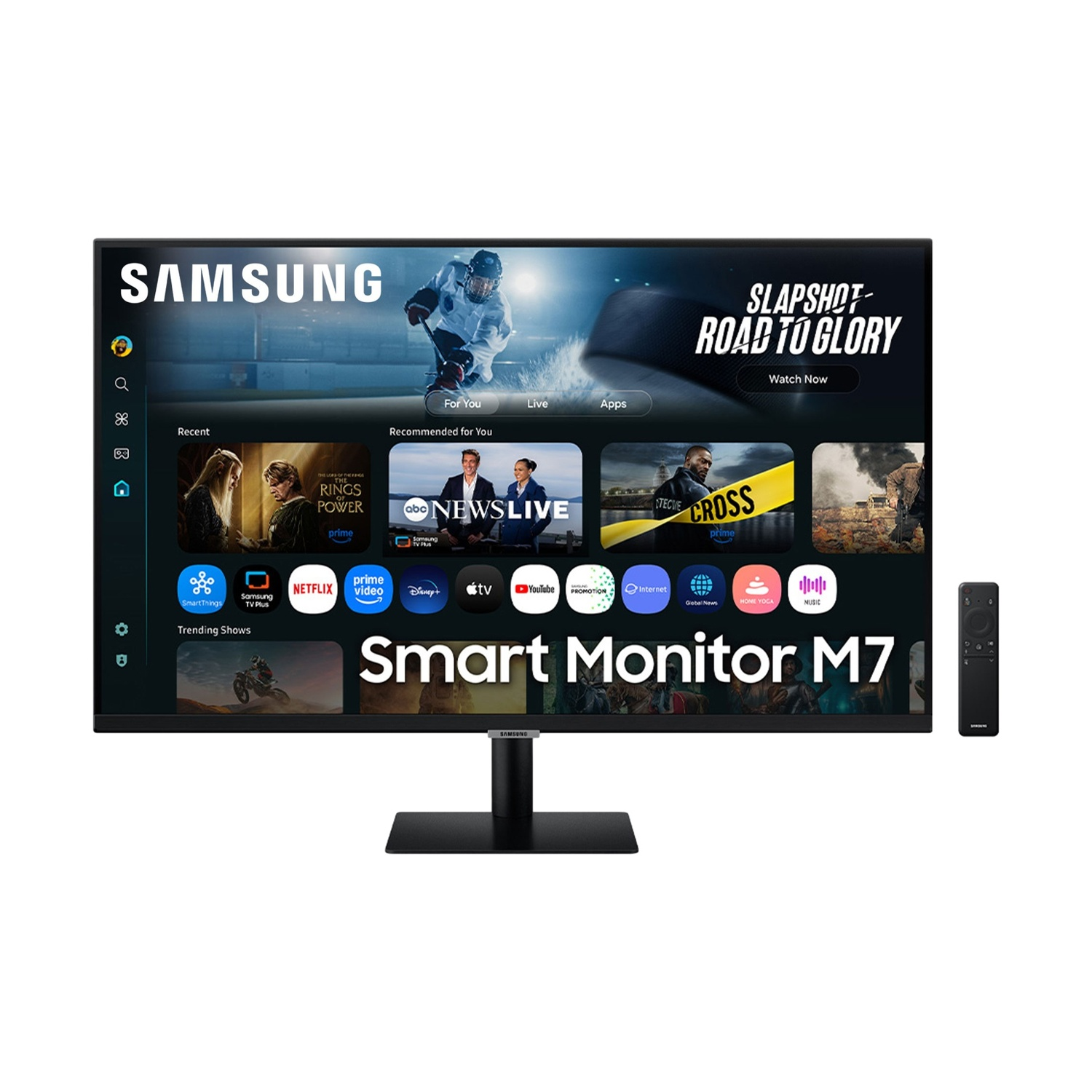Samsung Smart Monitor M7 con telecomando, mostra app e contenuti in streaming.