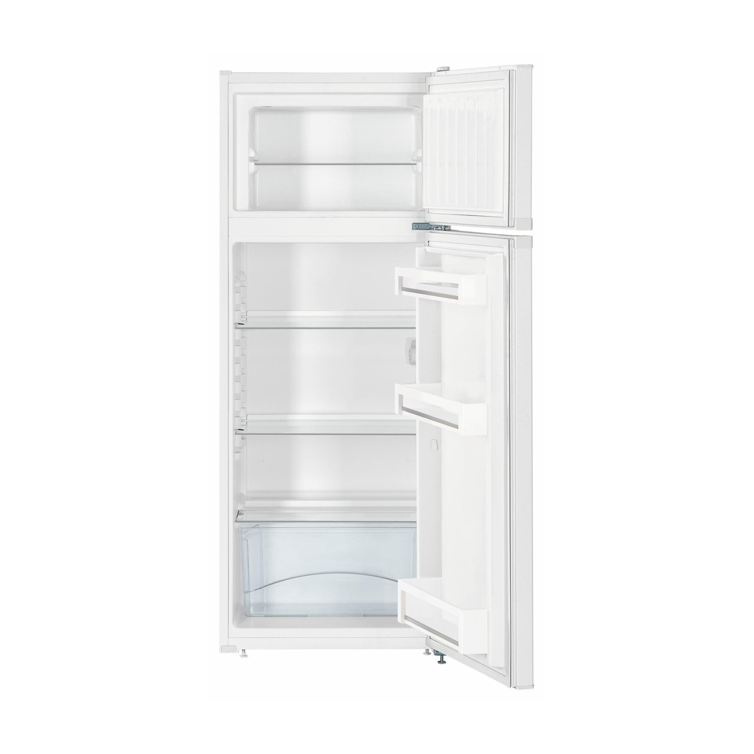 Biała lodówka z otwartymi drzwiami, półkami i szufladą na warzywa.