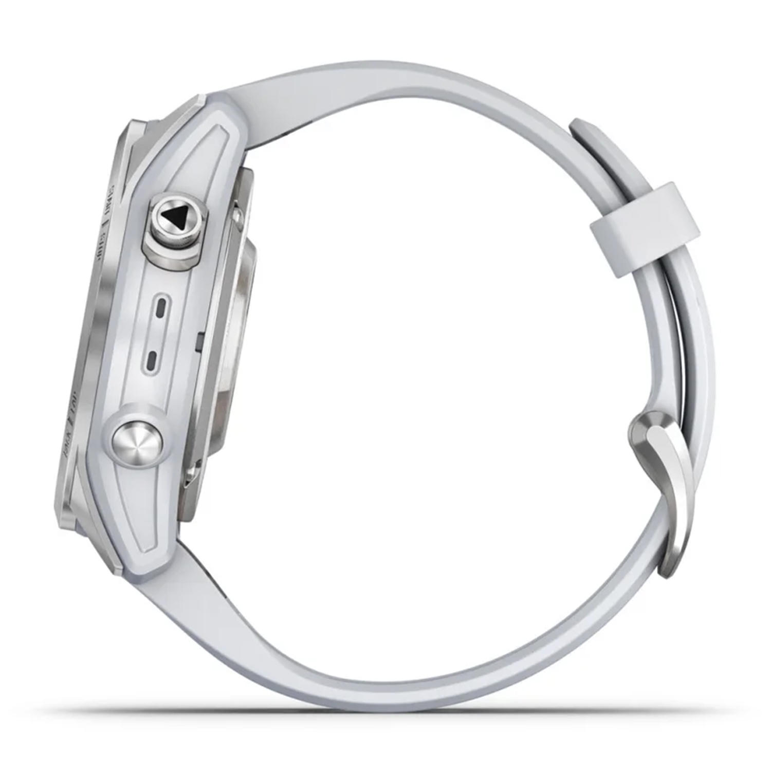 Biały smartwatch ze srebrnymi przyciskami i ramką, widok z boku.